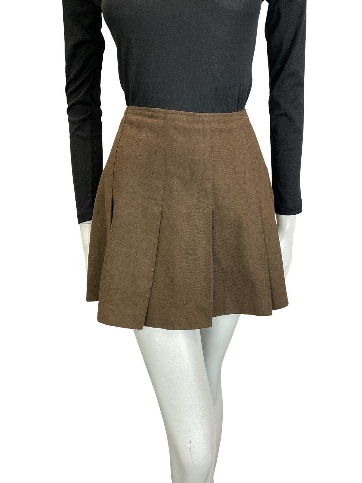 VTG 60S 70S BROWN MOD BOHO WOOL FLARE PLEATED A LINE MINI SKIRT XS 6