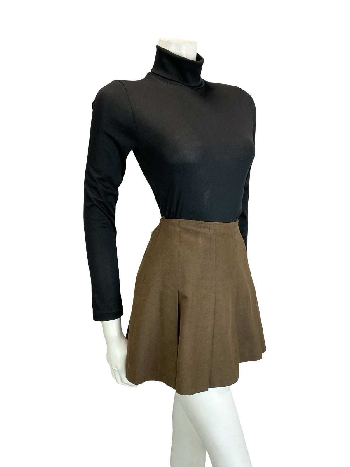 VTG 60S 70S BROWN MOD BOHO WOOL FLARE PLEATED A LINE MINI SKIRT XS 6