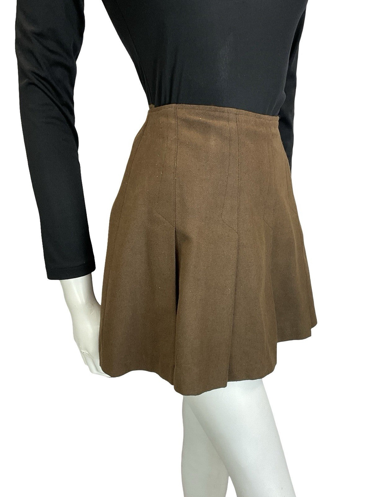VTG 60S 70S BROWN MOD BOHO WOOL FLARE PLEATED A LINE MINI SKIRT XS 6
