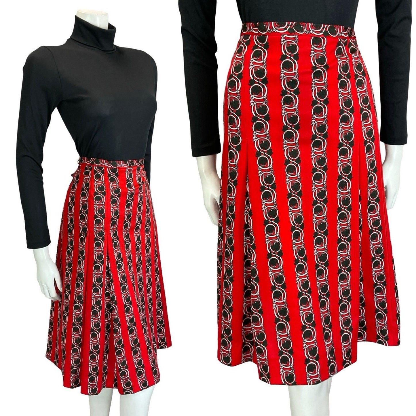 VTG 60S 70S RED BLACK WHTIE PSYCHEDELIC ART NOUVEAU STRIPE PLEATED MIDI SKIRT 12