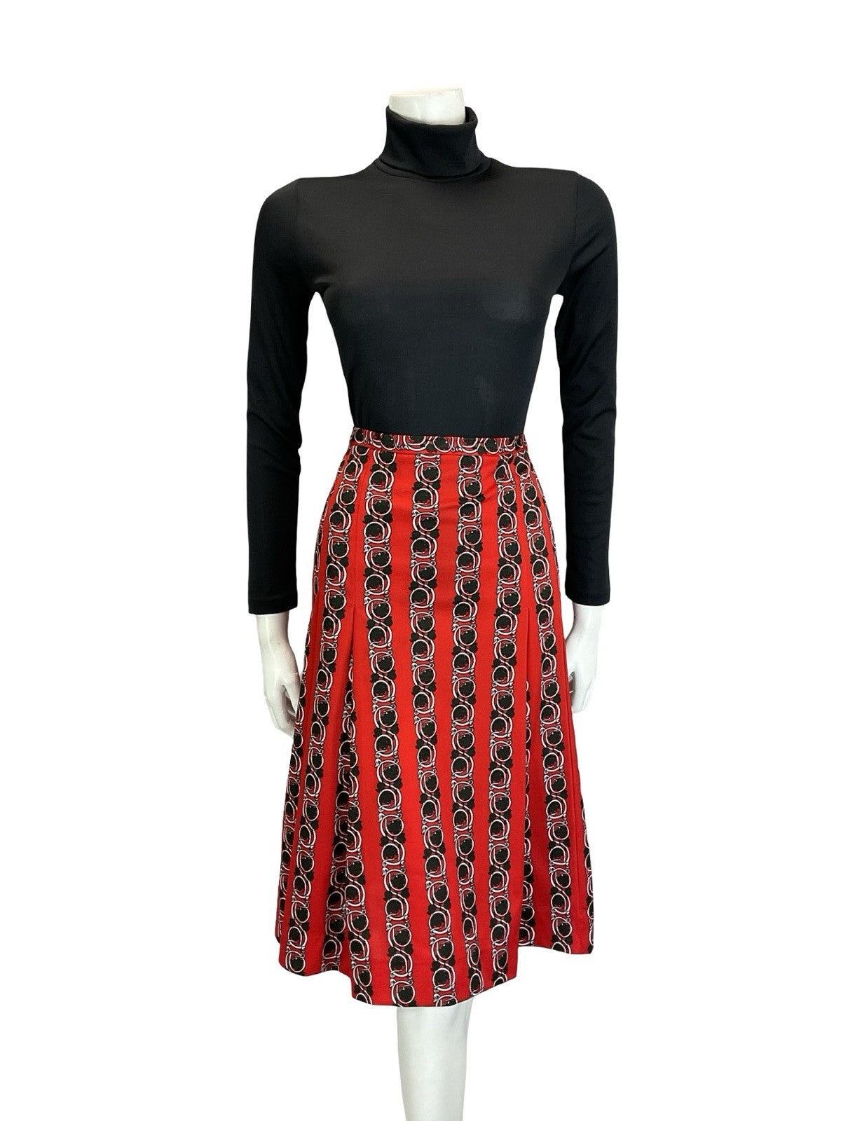 VTG 60S 70S RED BLACK WHTIE PSYCHEDELIC ART NOUVEAU STRIPE PLEATED MIDI SKIRT 12