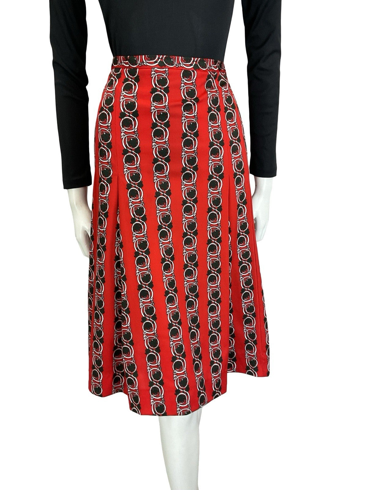 VTG 60S 70S RED BLACK WHTIE PSYCHEDELIC ART NOUVEAU STRIPE PLEATED MIDI SKIRT 12