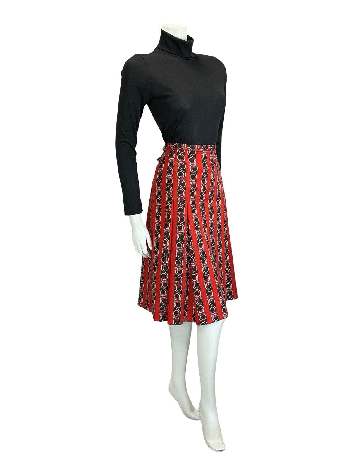 VTG 60S 70S RED BLACK WHTIE PSYCHEDELIC ART NOUVEAU STRIPE PLEATED MIDI SKIRT 12