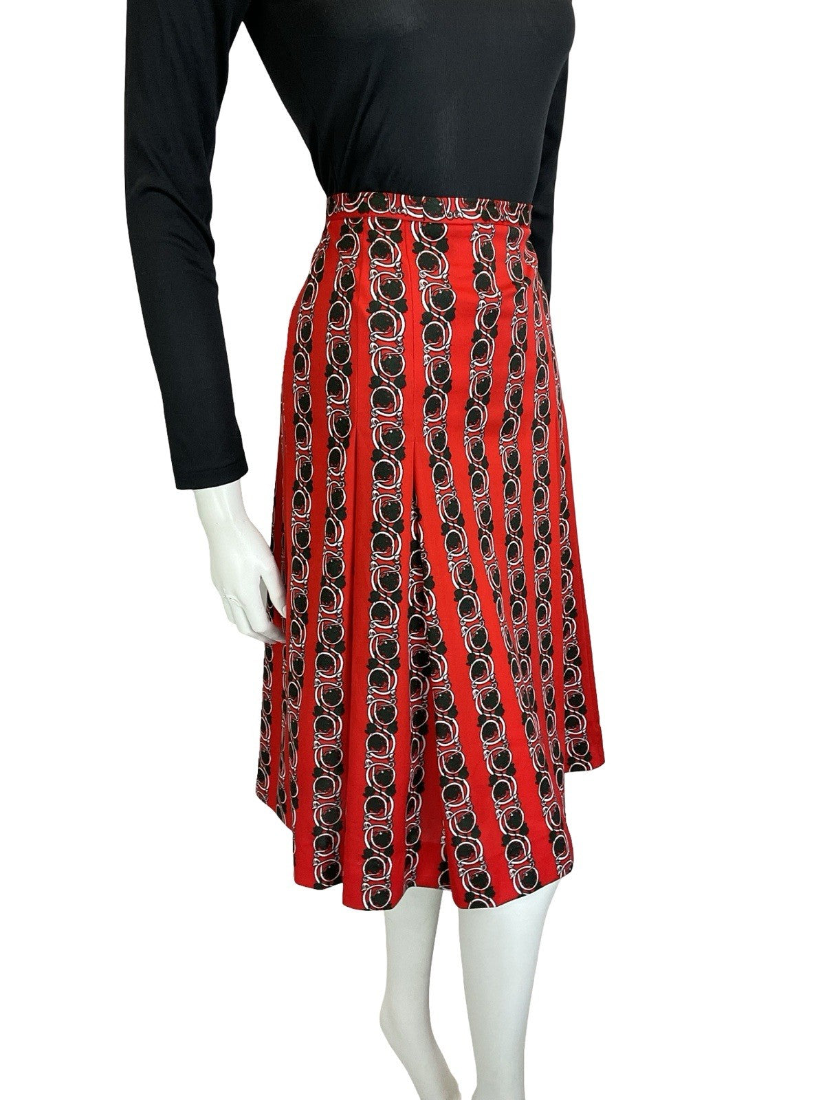 VTG 60S 70S RED BLACK WHTIE PSYCHEDELIC ART NOUVEAU STRIPE PLEATED MIDI SKIRT 12