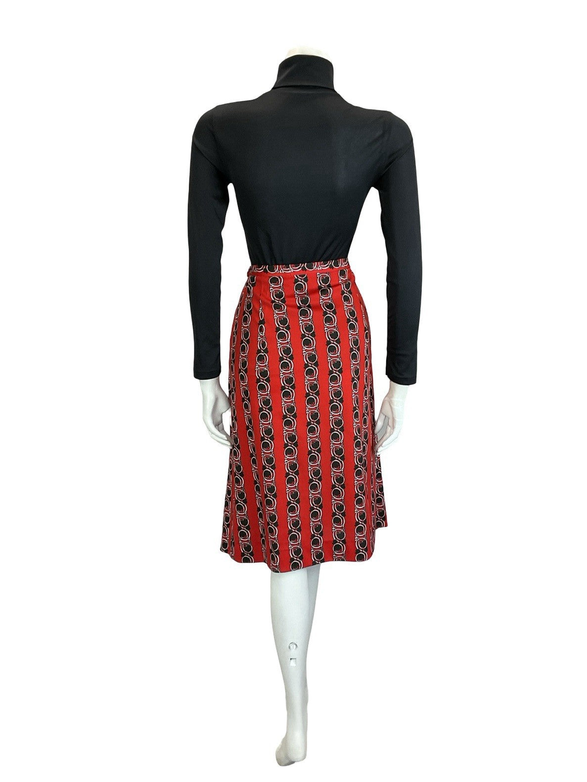 VTG 60S 70S RED BLACK WHTIE PSYCHEDELIC ART NOUVEAU STRIPE PLEATED MIDI SKIRT 12