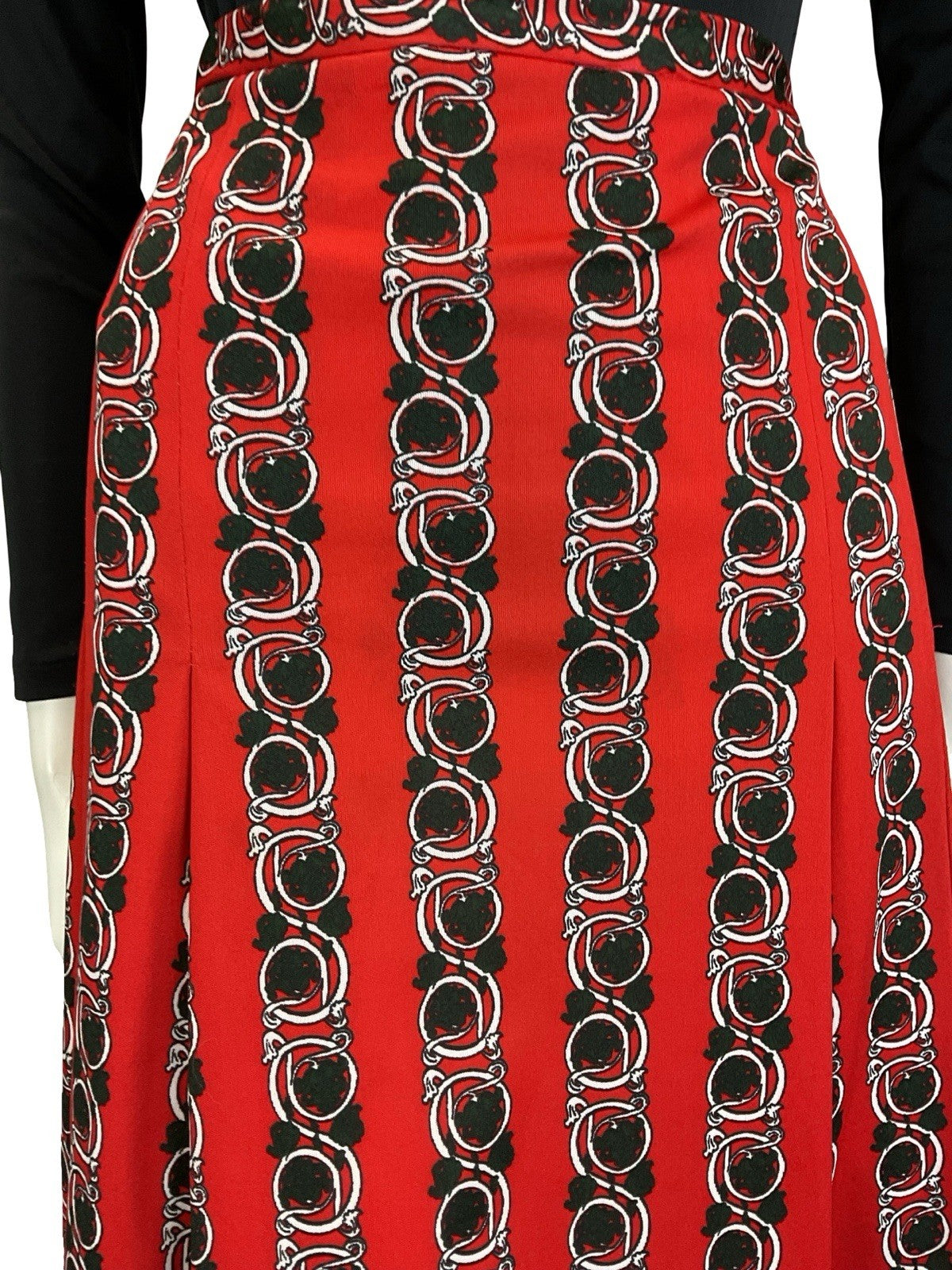 VTG 60S 70S RED BLACK WHTIE PSYCHEDELIC ART NOUVEAU STRIPE PLEATED MIDI SKIRT 12