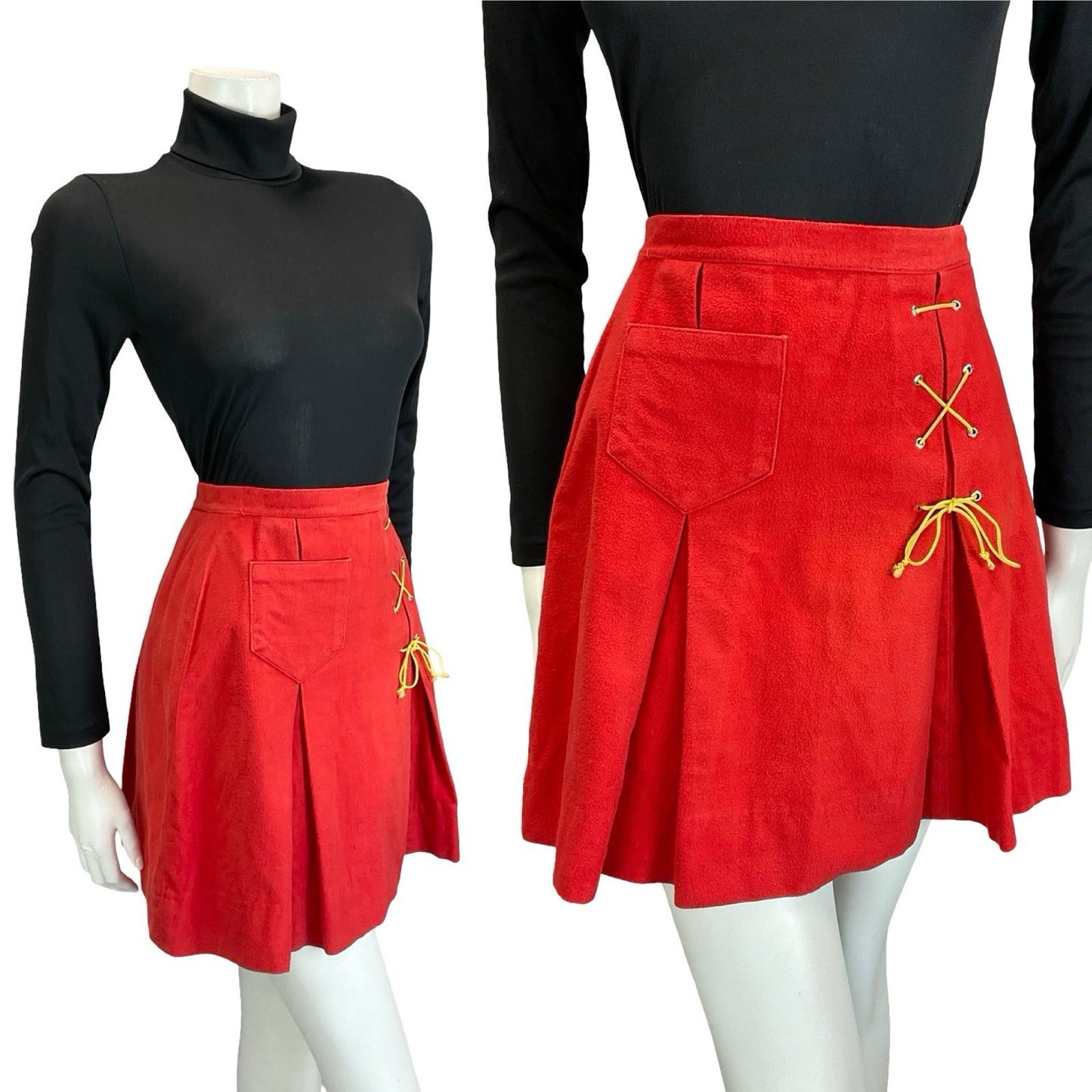 VTG 60S 70S RED WOOL FELT RIC RAC MEDIEVAL PLEATED YELLOW LACE UP MINI SKIRT 4
