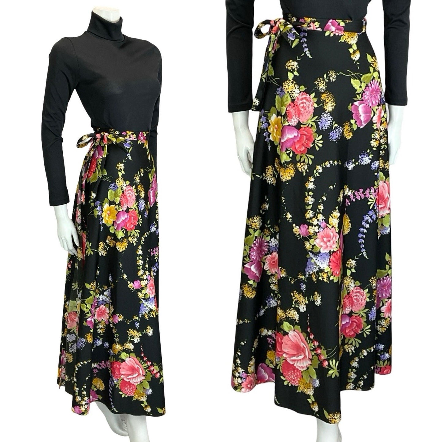 VTG 60S 70S BLACK GREEN PINK PURPLE YELLOW FLORAL WRAP MAXI SKIRT 8 10 12 14
