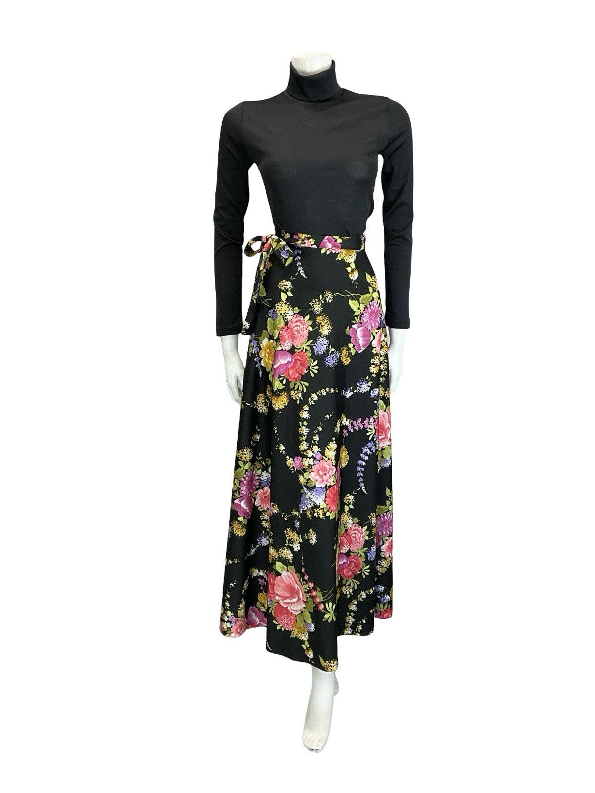 VTG 60S 70S BLACK GREEN PINK PURPLE YELLOW FLORAL WRAP MAXI SKIRT 8 10 12 14