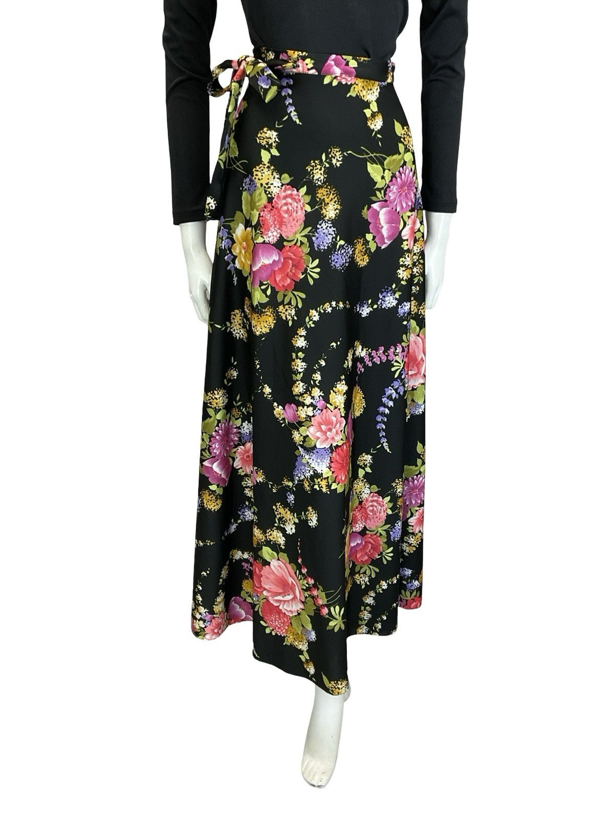 VTG 60S 70S BLACK GREEN PINK PURPLE YELLOW FLORAL WRAP MAXI SKIRT 8 10 12 14