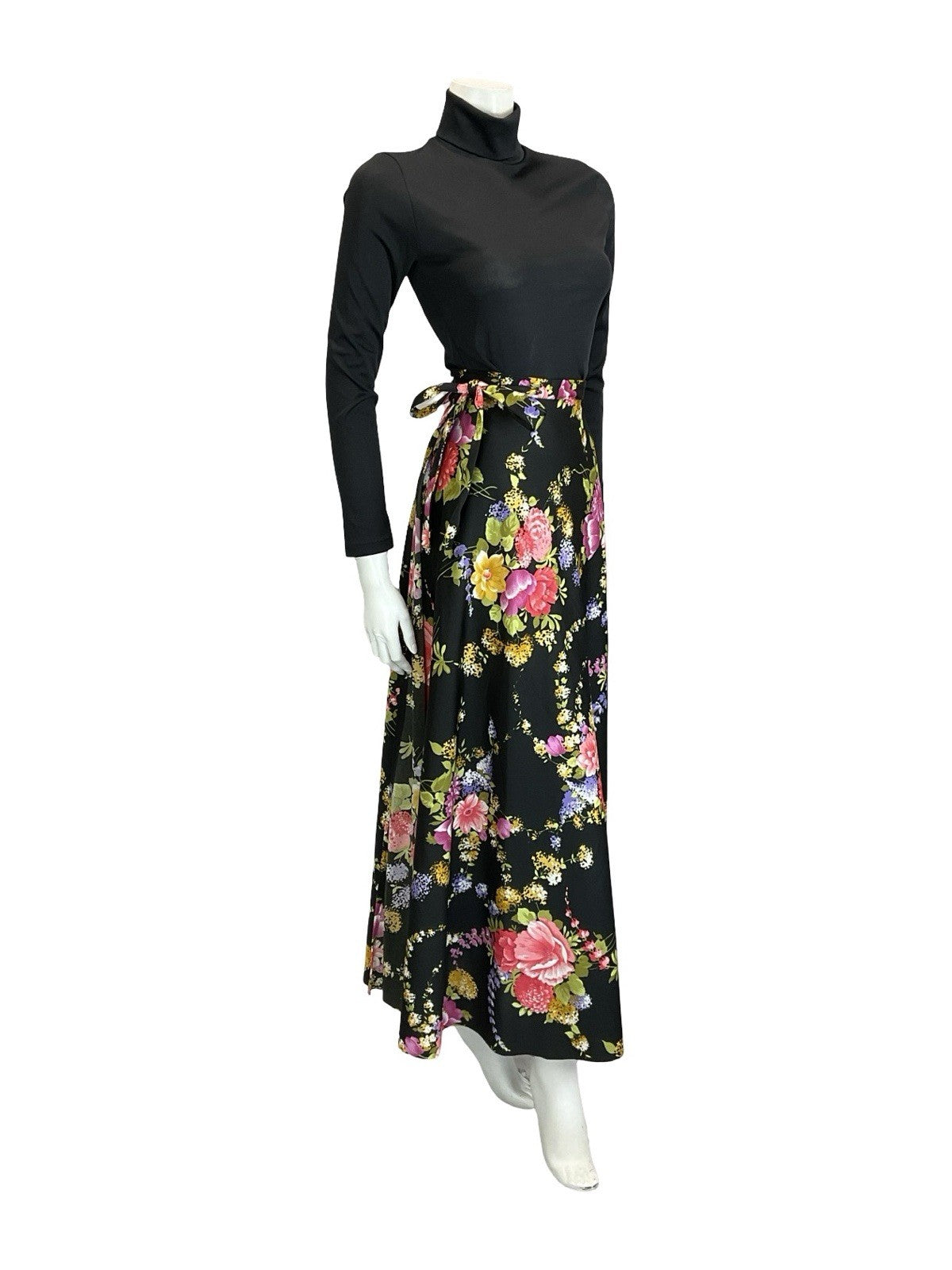 VTG 60S 70S BLACK GREEN PINK PURPLE YELLOW FLORAL WRAP MAXI SKIRT 8 10 12 14