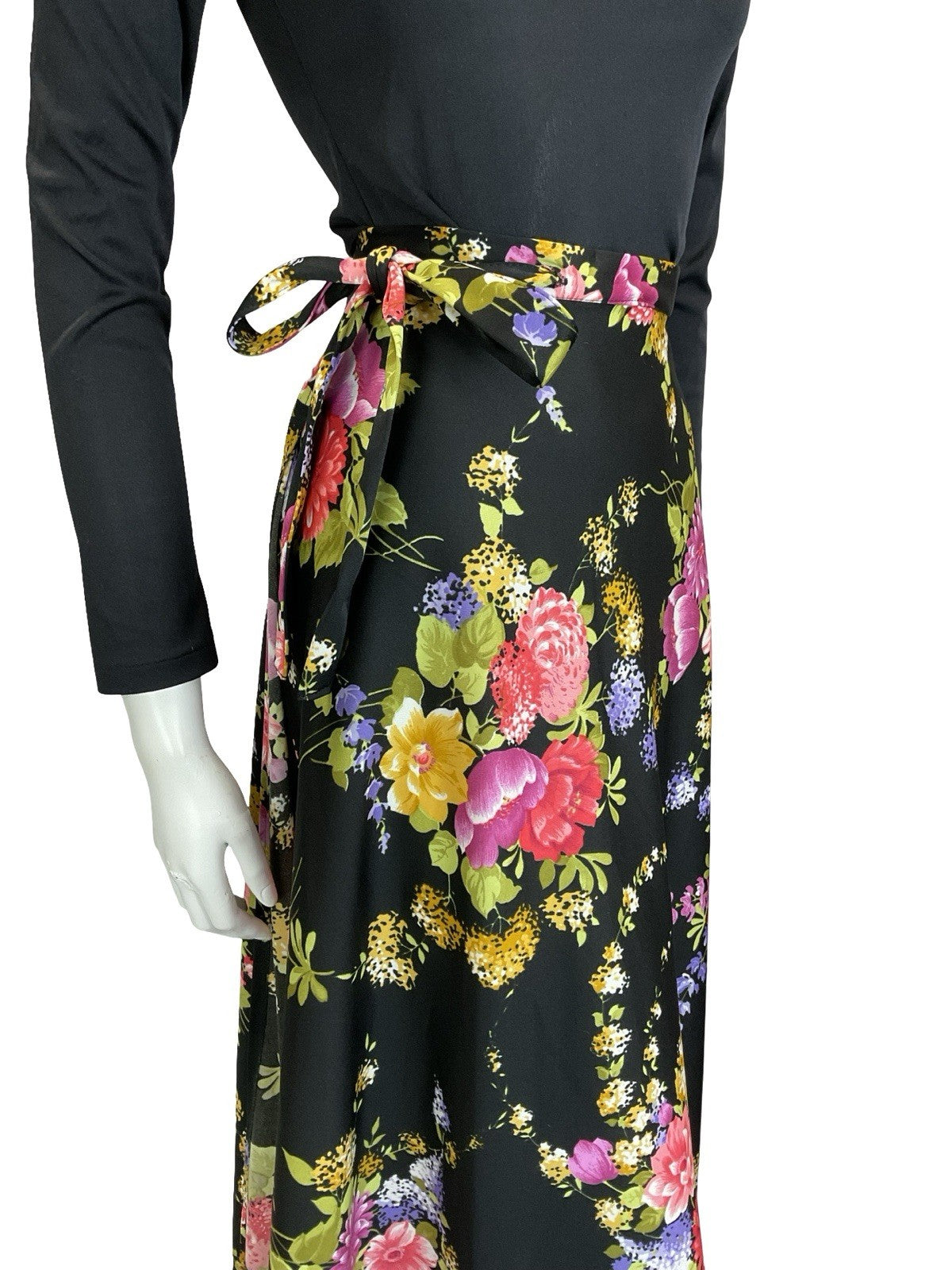 VTG 60S 70S BLACK GREEN PINK PURPLE YELLOW FLORAL WRAP MAXI SKIRT 8 10 12 14