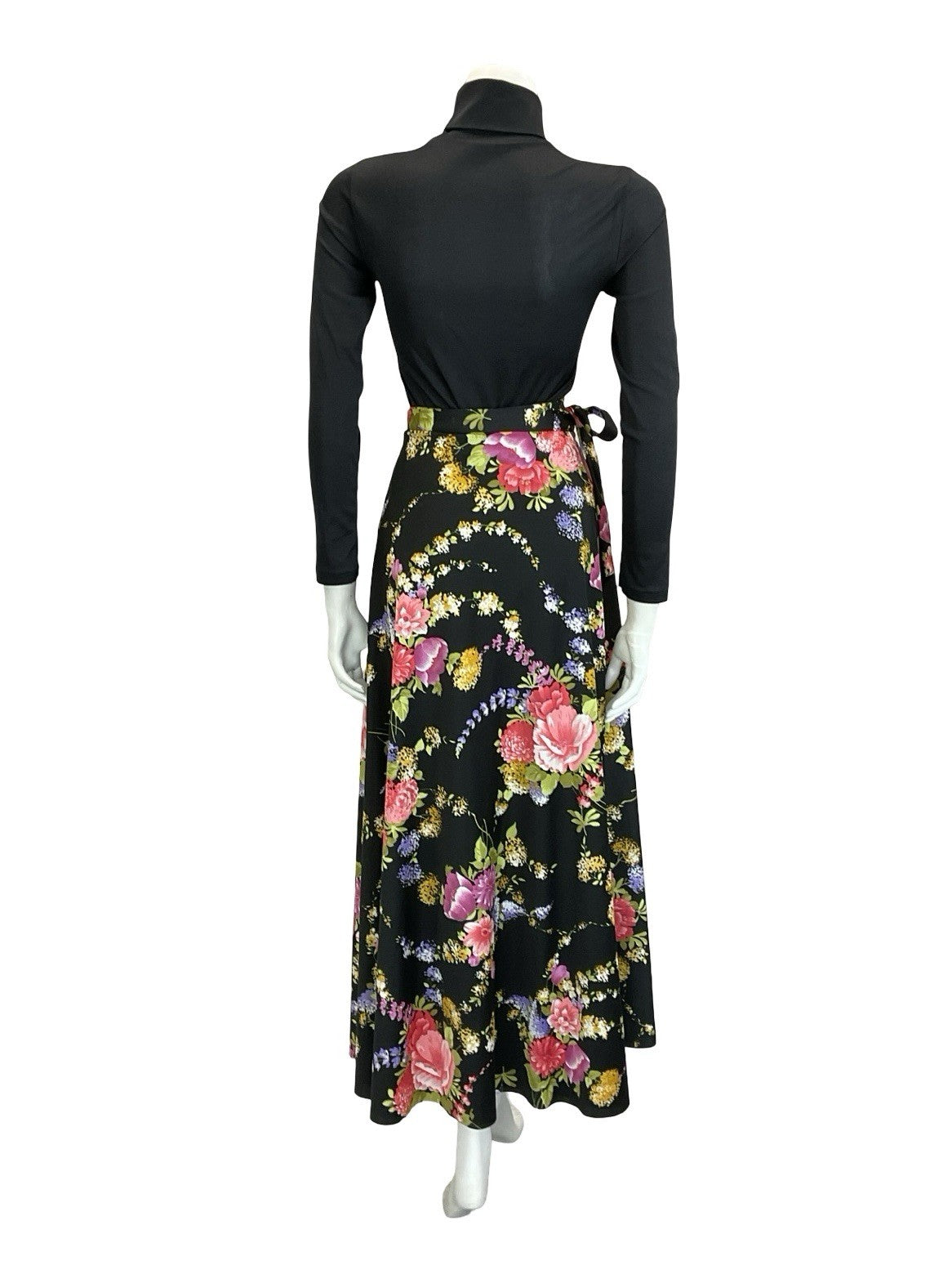 VTG 60S 70S BLACK GREEN PINK PURPLE YELLOW FLORAL WRAP MAXI SKIRT 8 10 12 14