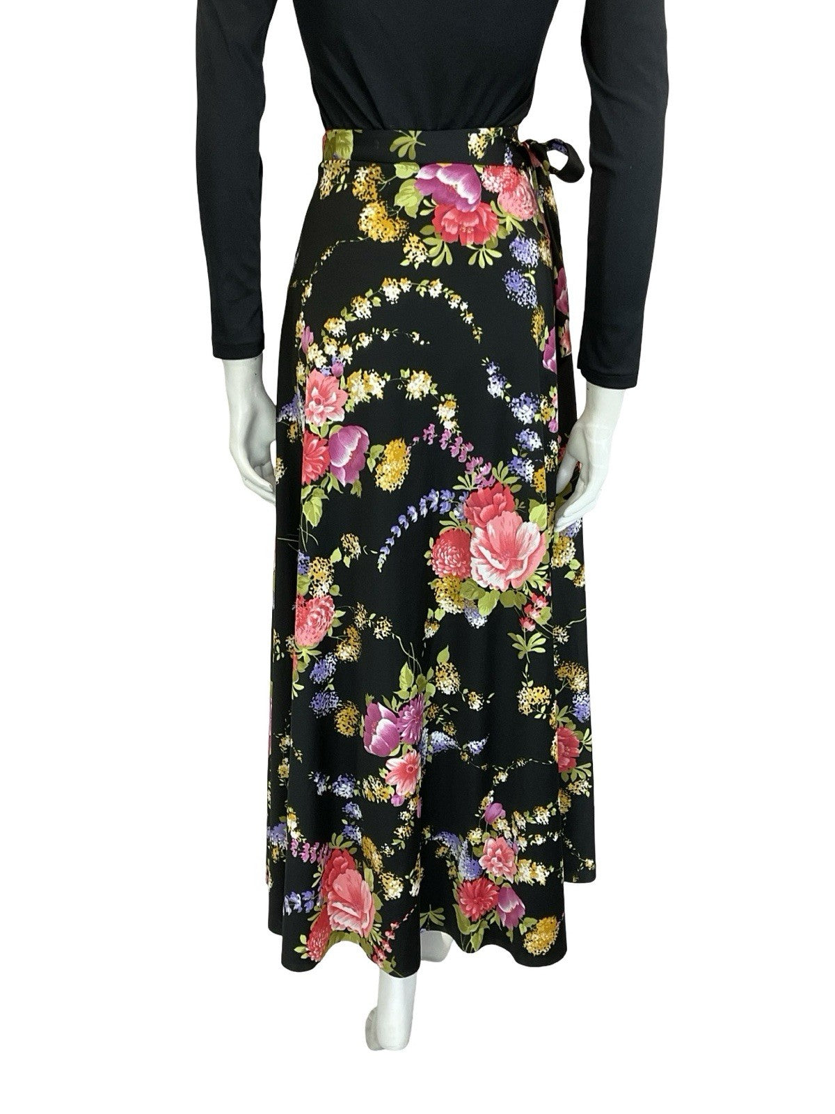 VTG 60S 70S BLACK GREEN PINK PURPLE YELLOW FLORAL WRAP MAXI SKIRT 8 10 12 14