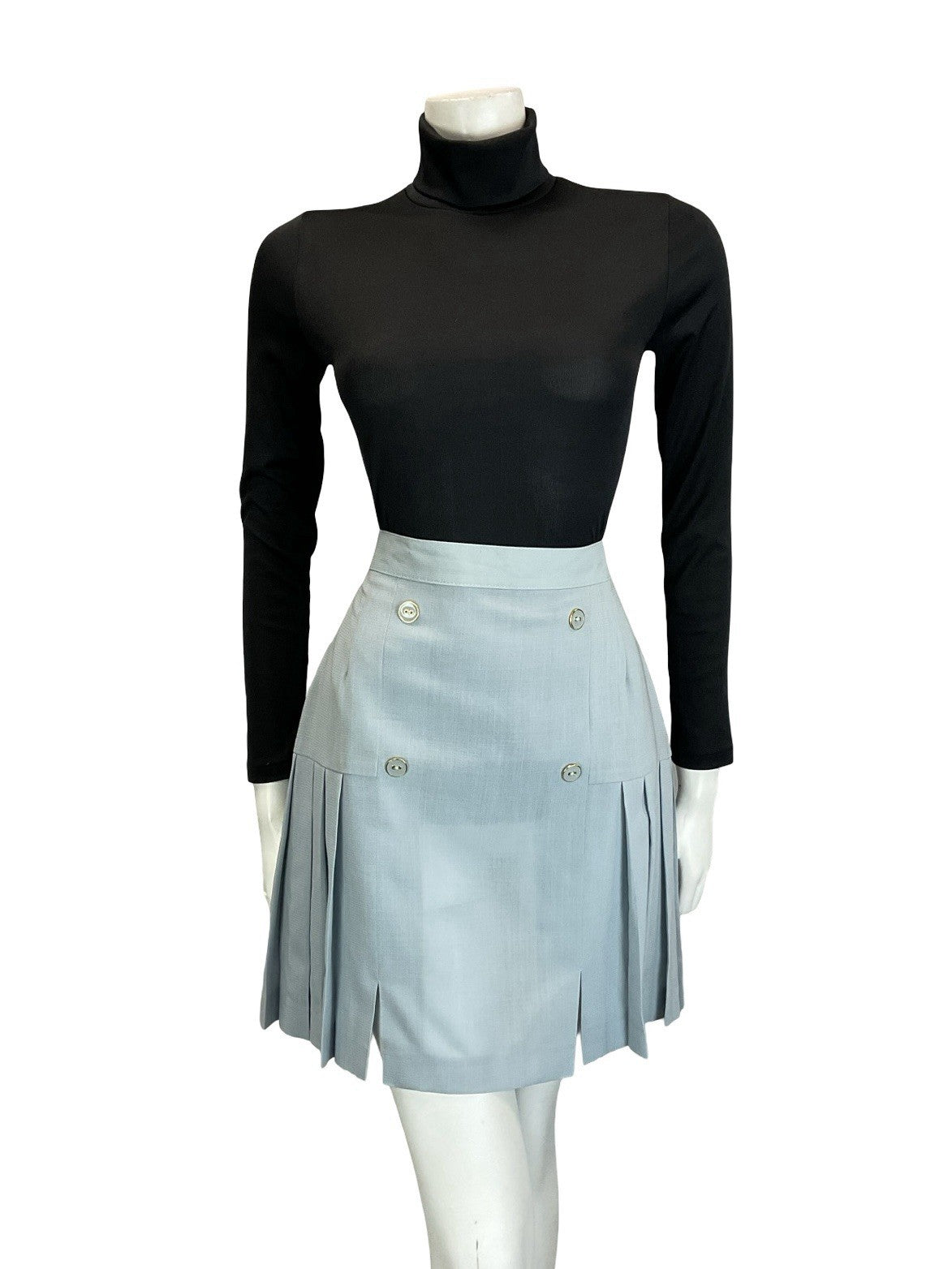 VTG 60S DUCK EGG BLUE MOD TAILORED DOUBLE BREASTED PLEATED MINI SKIRT S 8 10