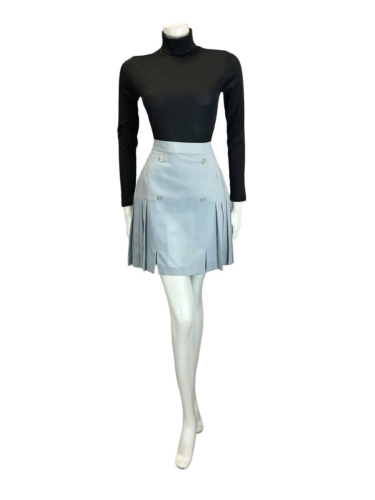 VTG 60S DUCK EGG BLUE MOD TAILORED DOUBLE BREASTED PLEATED MINI SKIRT S 8 10