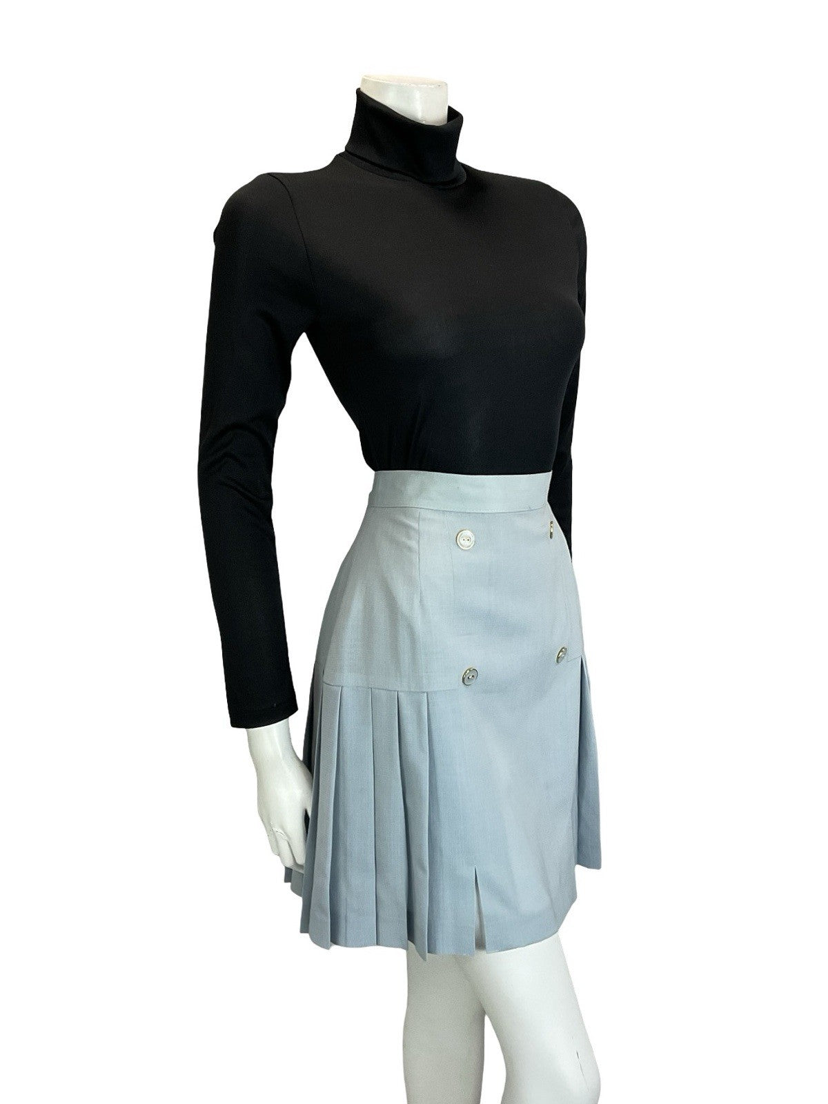 VTG 60S DUCK EGG BLUE MOD TAILORED DOUBLE BREASTED PLEATED MINI SKIRT S 8 10