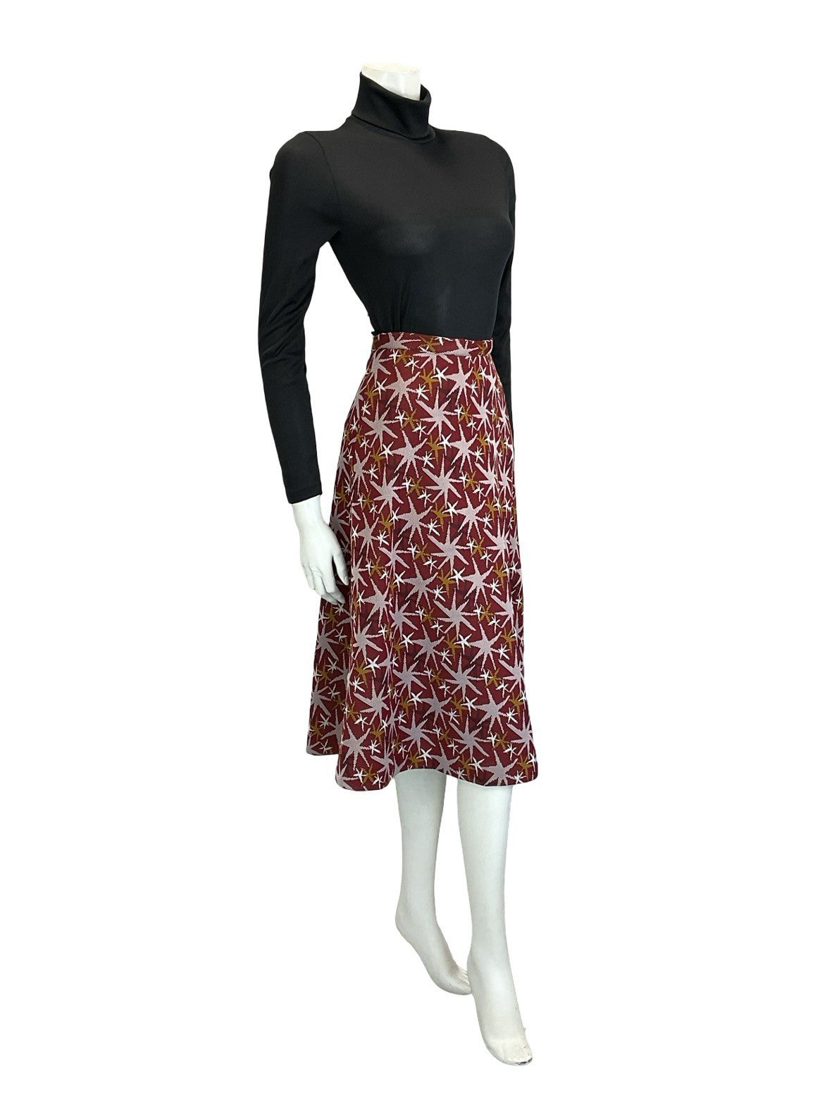 VTG 60S 70S RED WHITE BLACK YELLOW STAR FIREWORK A LINE MIDI SKIRT XS 6