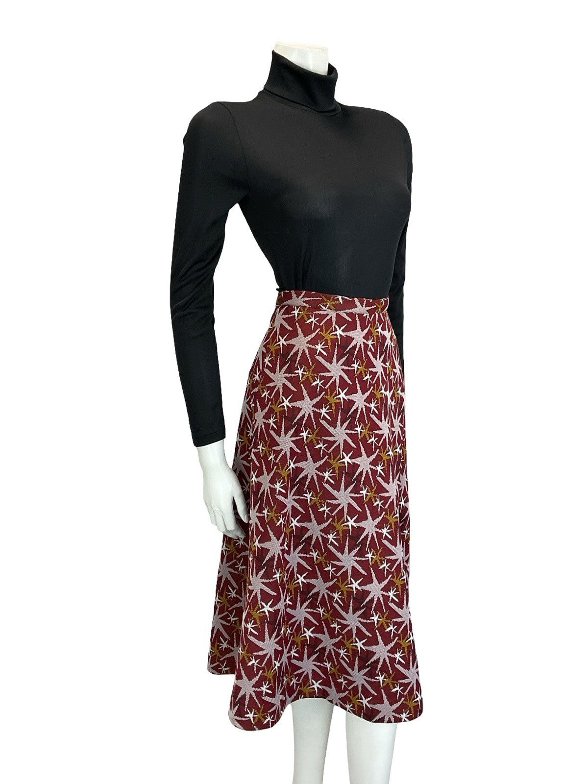 VTG 60S 70S RED WHITE BLACK YELLOW STAR FIREWORK A LINE MIDI SKIRT XS 6