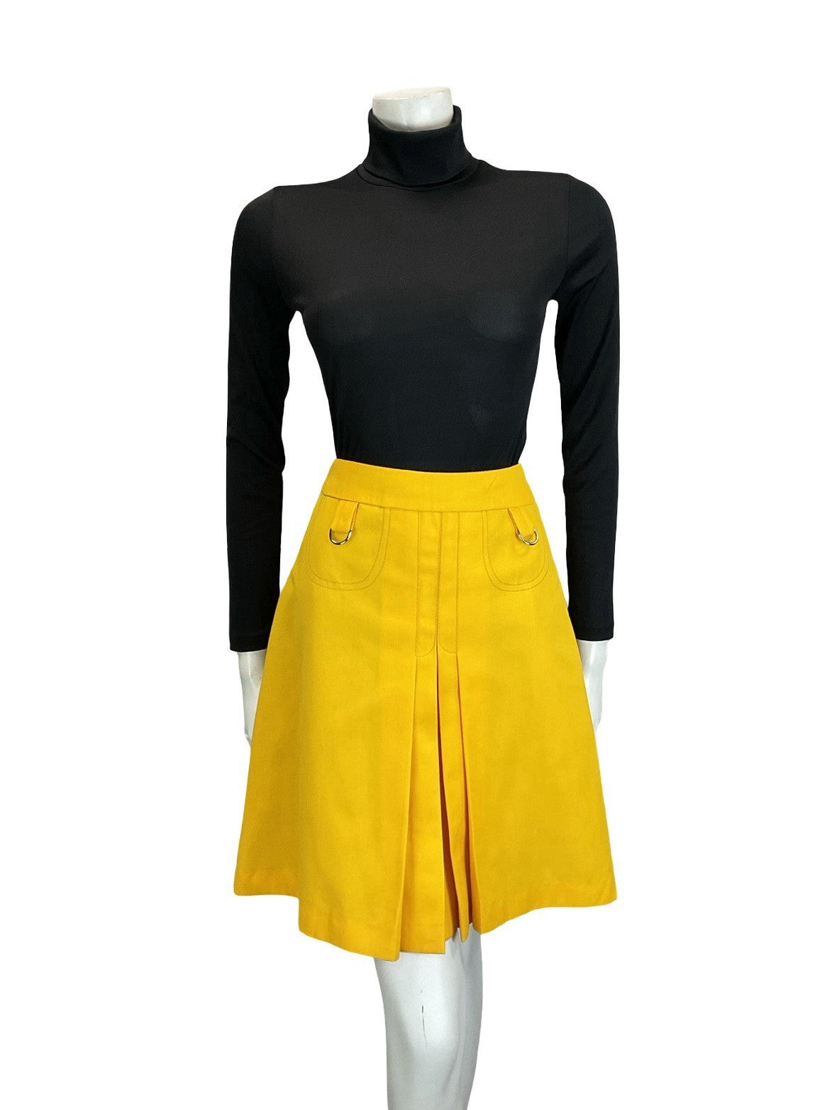 VTG 60S 70S BRIGHT YELLOW D RING PLEATED MOD PREPPY MINI SKIRT 0