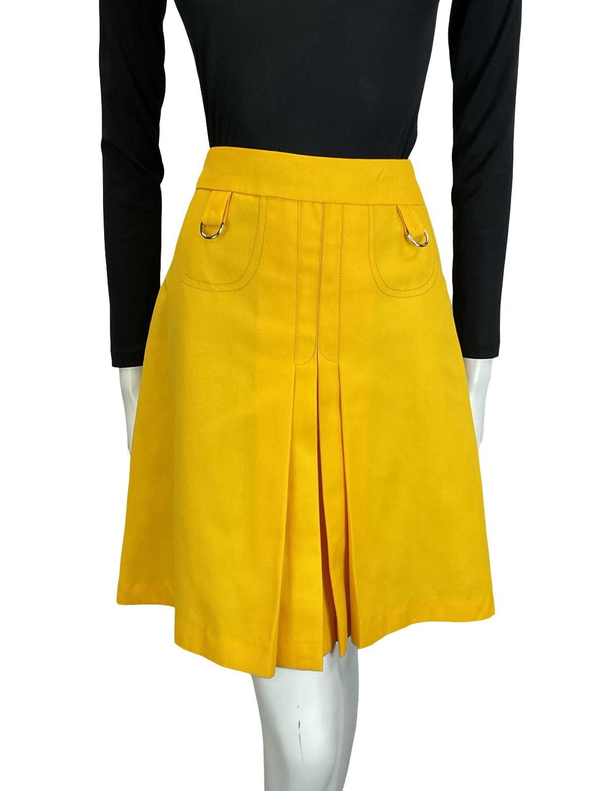 VTG 60S 70S BRIGHT YELLOW D RING PLEATED MOD PREPPY MINI SKIRT 0