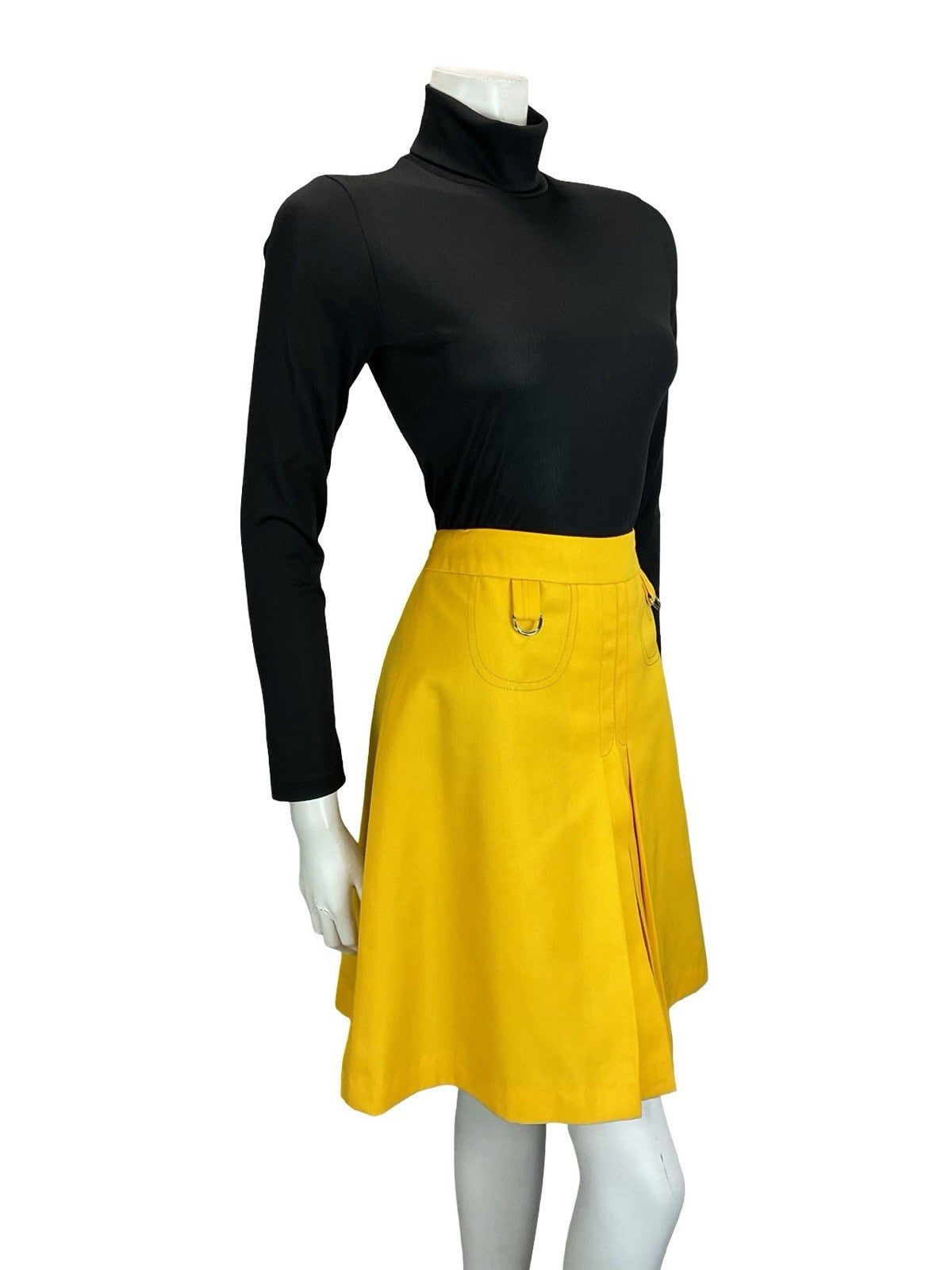 VTG 60S 70S BRIGHT YELLOW D RING PLEATED MOD PREPPY MINI SKIRT 0