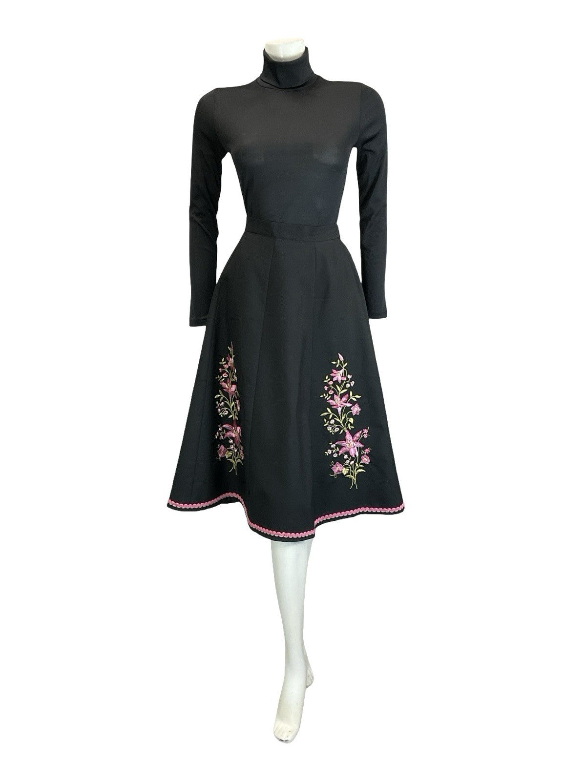 VTG 60S 70S BLACK PINK PURPLE GREEN FLORAL FOLK EMBROIDERED CIRCLE MIDI SKIRT 8