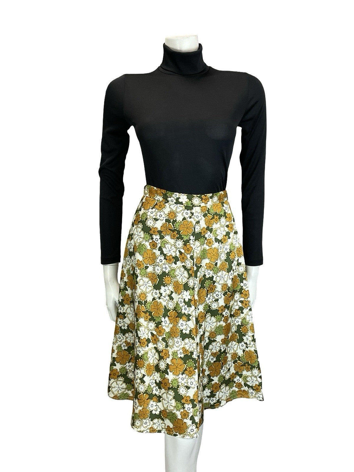 VTG 60S 70S WHITE BEIGE GREEN HAWAIIAN TROPICAL FLORAL CIRCLE MIDI SKIRT 4
