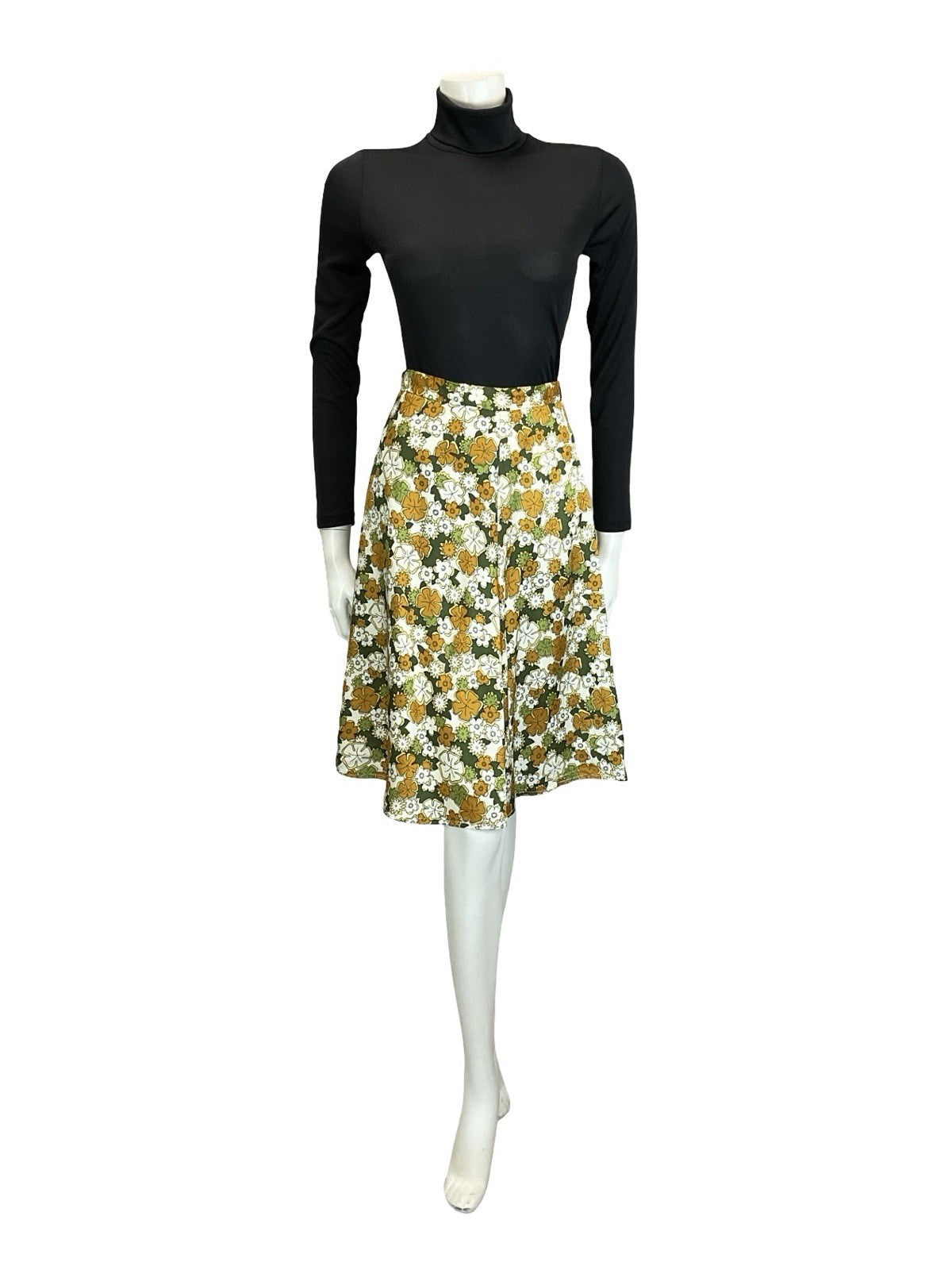 VTG 60S 70S WHITE BEIGE GREEN HAWAIIAN TROPICAL FLORAL CIRCLE MIDI SKIRT 4