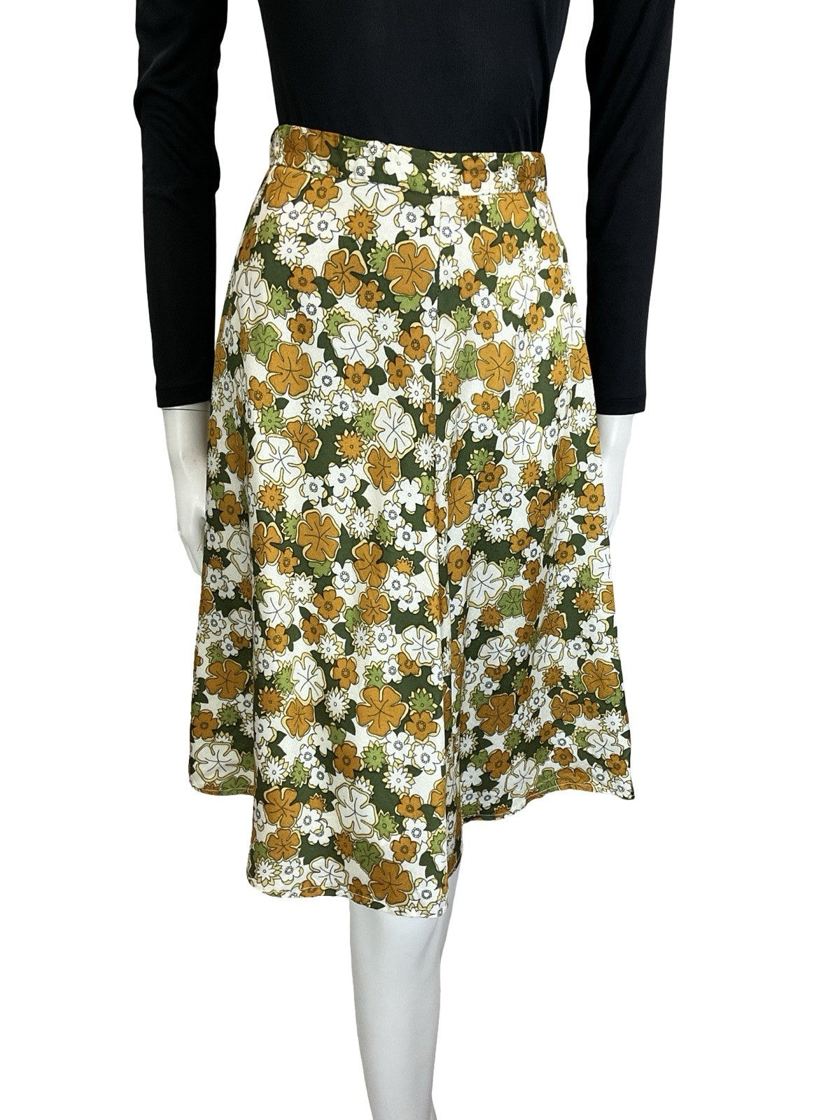 VTG 60S 70S WHITE BEIGE GREEN HAWAIIAN TROPICAL FLORAL CIRCLE MIDI SKIRT 4