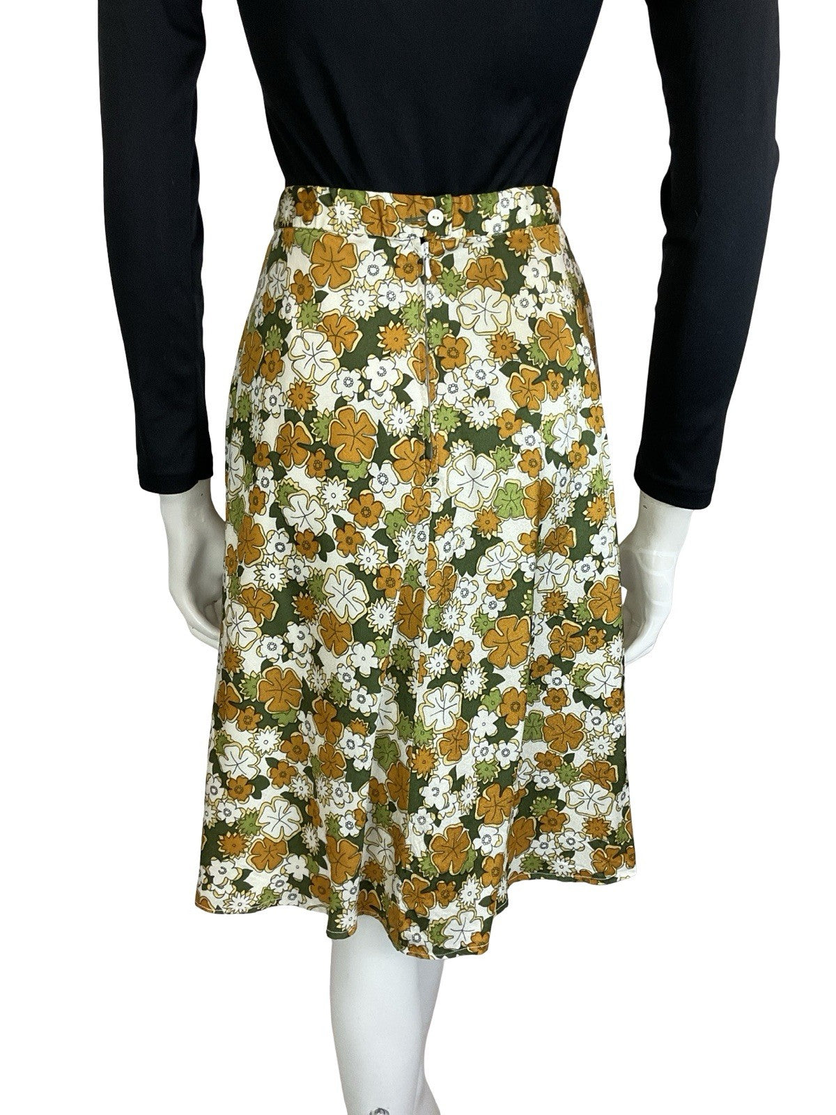 VTG 60S 70S WHITE BEIGE GREEN HAWAIIAN TROPICAL FLORAL CIRCLE MIDI SKIRT 4