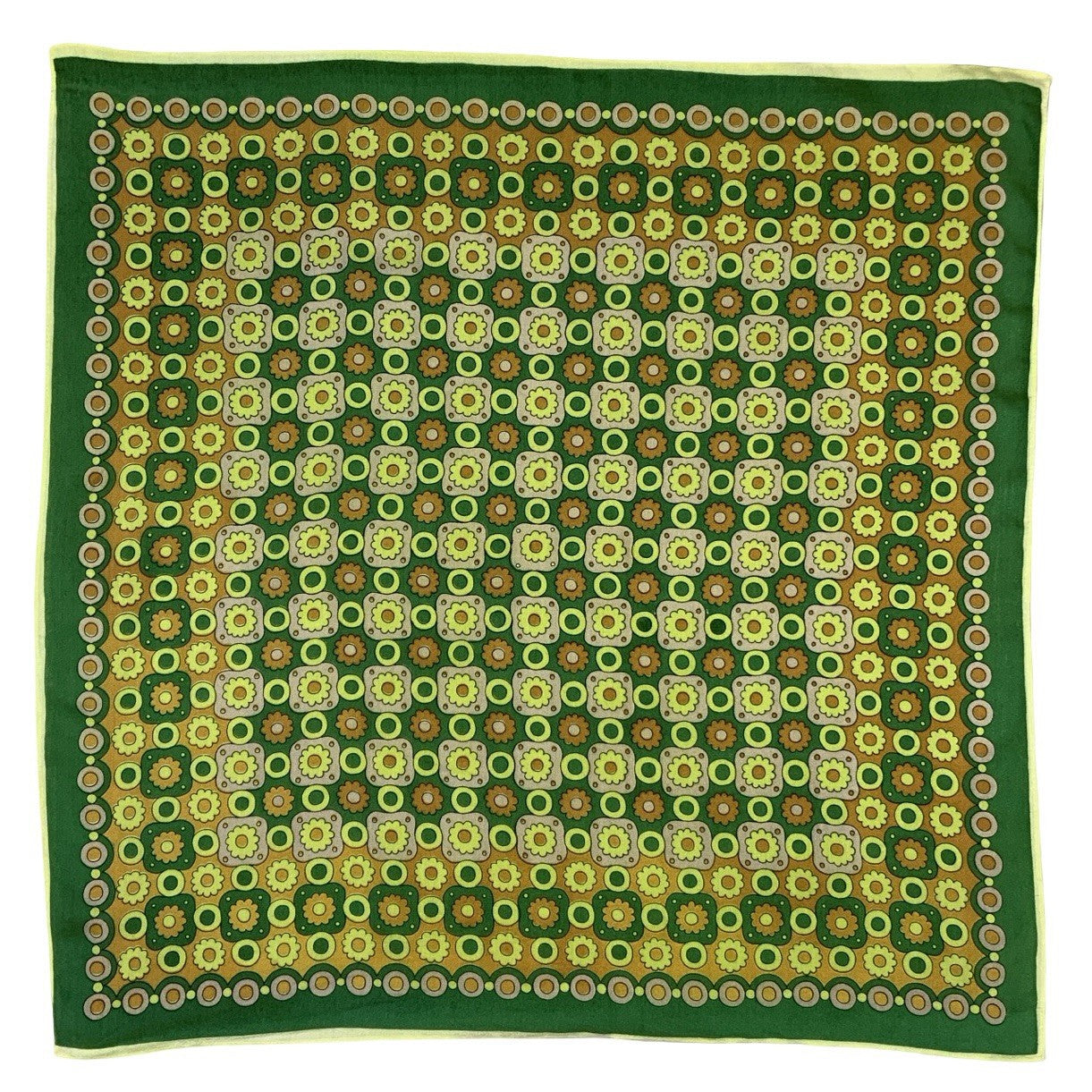 VTG 60S 70S GREEN YELLOW ORANGE DAISY FLORAL GEOMETRIC DOT CIRCLE TILED SCARF