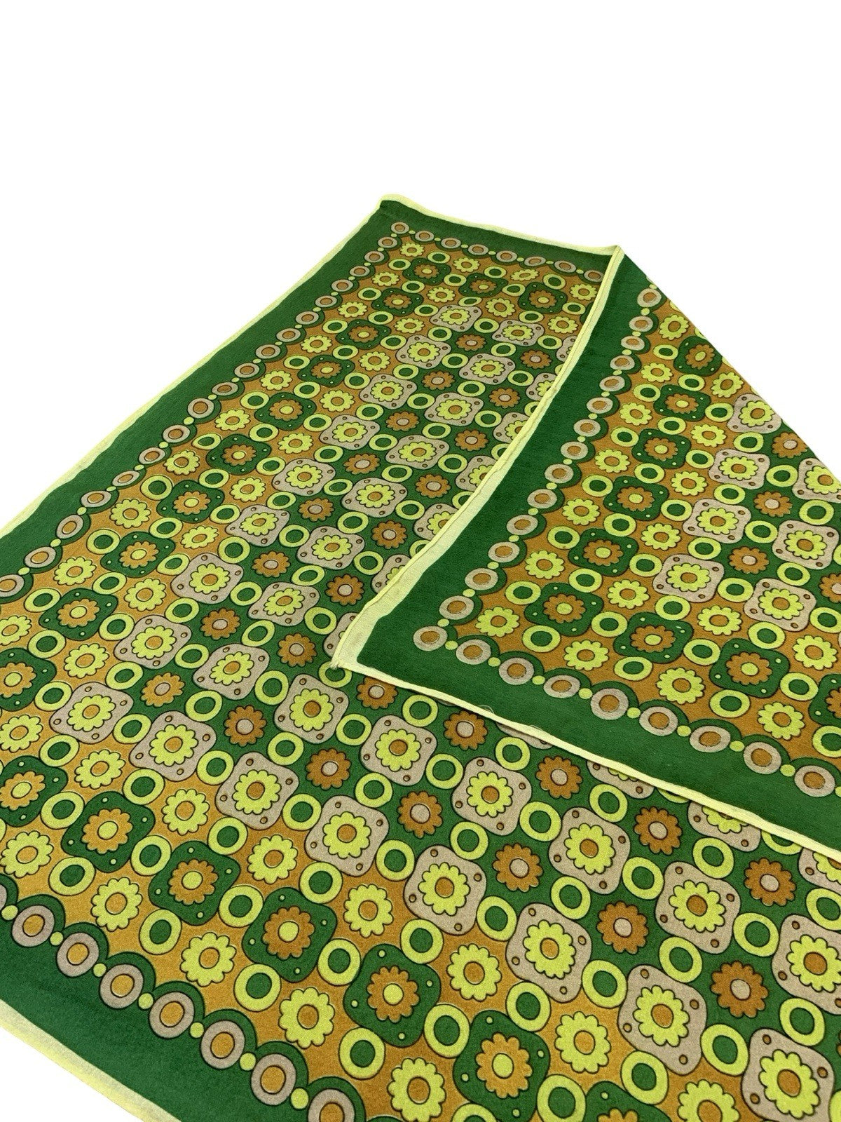 VTG 60S 70S GREEN YELLOW ORANGE DAISY FLORAL GEOMETRIC DOT CIRCLE TILED SCARF