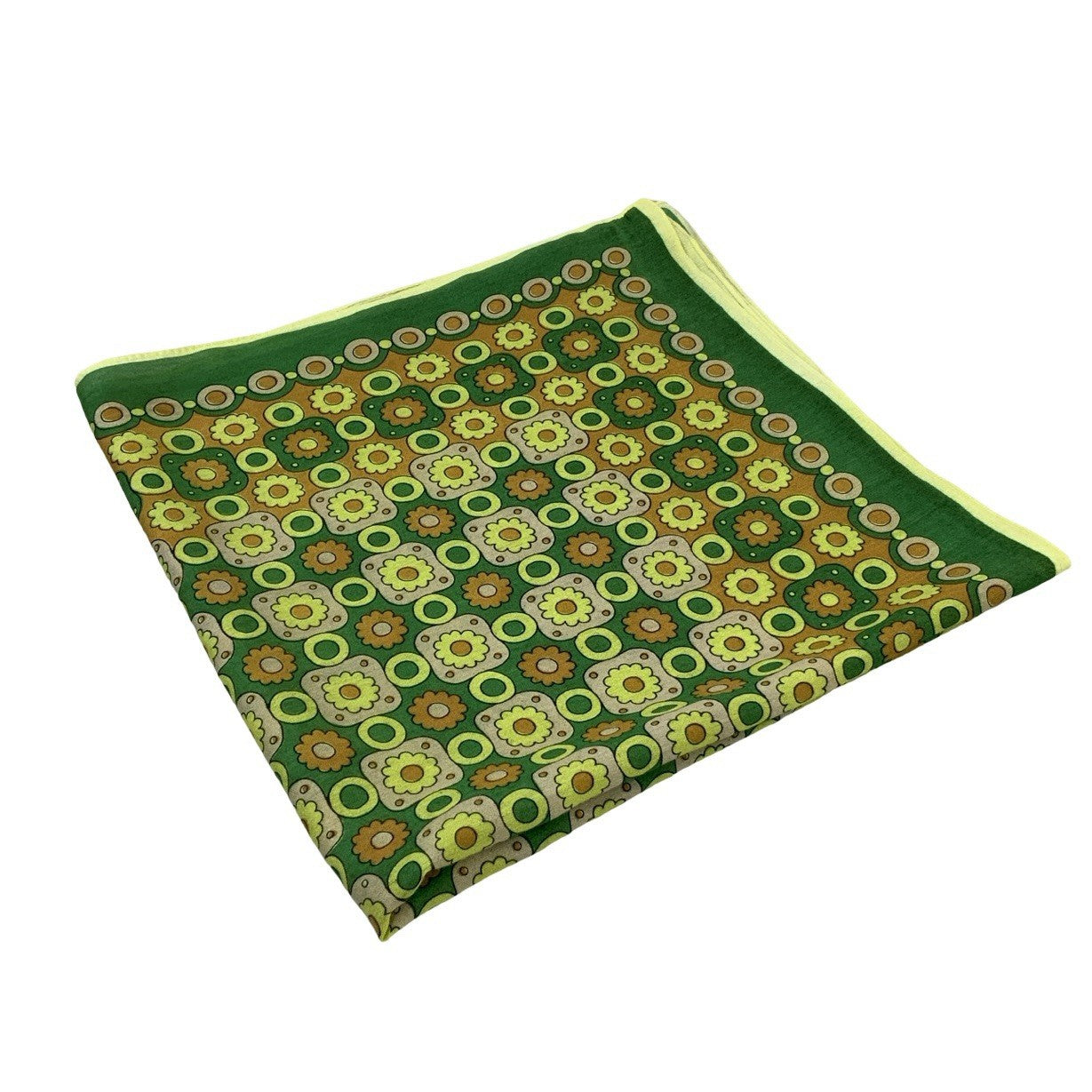 VTG 60S 70S GREEN YELLOW ORANGE DAISY FLORAL GEOMETRIC DOT CIRCLE TILED SCARF