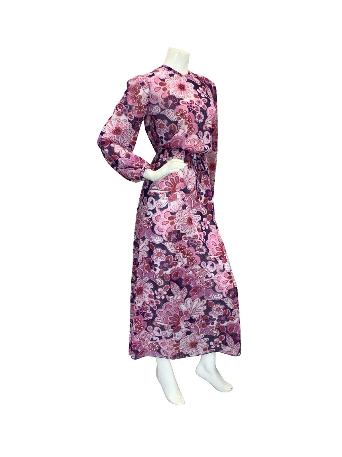 VTG 60S 70S SHEER PSYCHEDELIC FLORAL MAXI DRESS PINK PURPLE 10 12 14