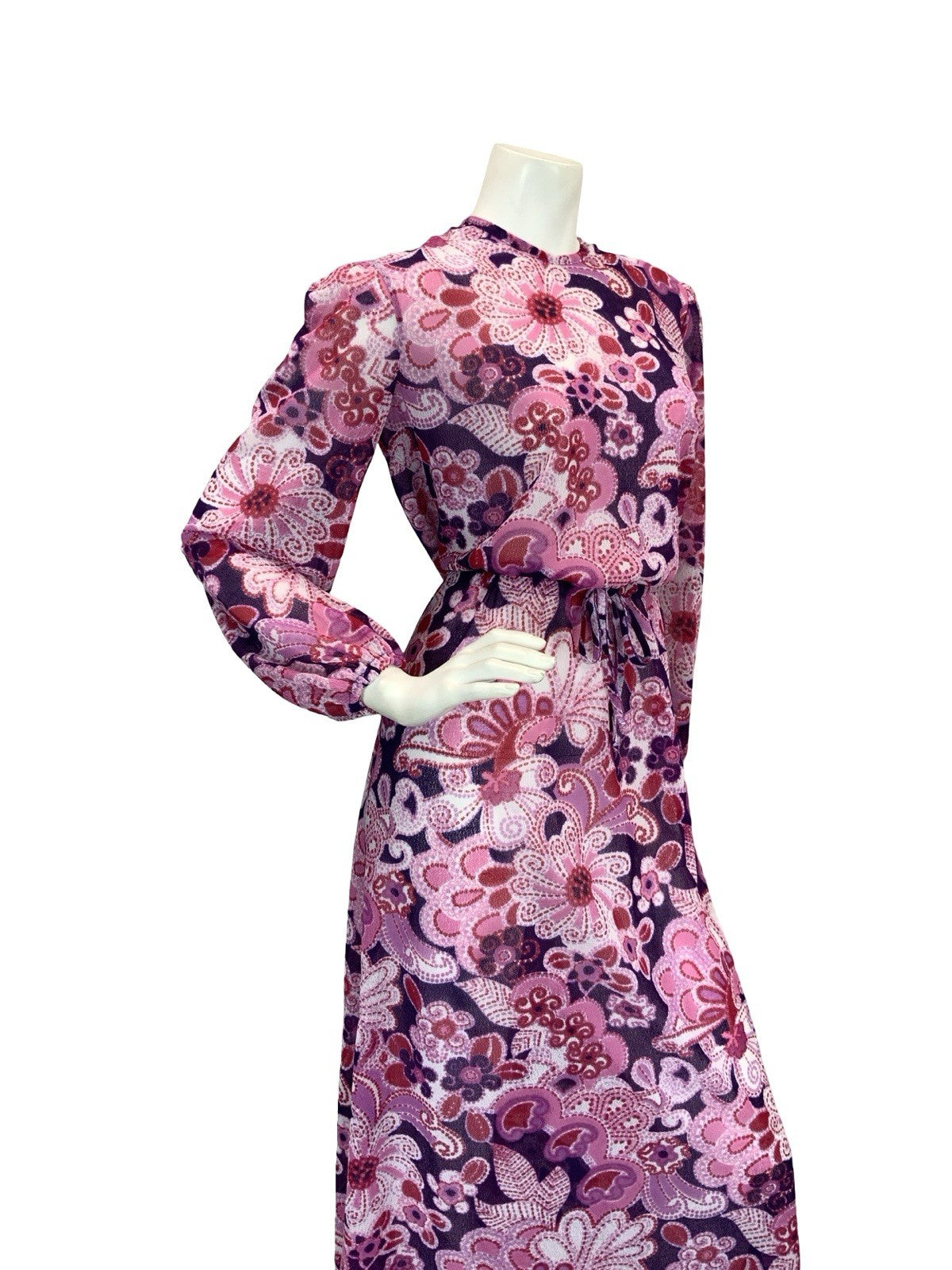 VTG 60S 70S SHEER PSYCHEDELIC FLORAL MAXI DRESS PINK PURPLE 10 12 14