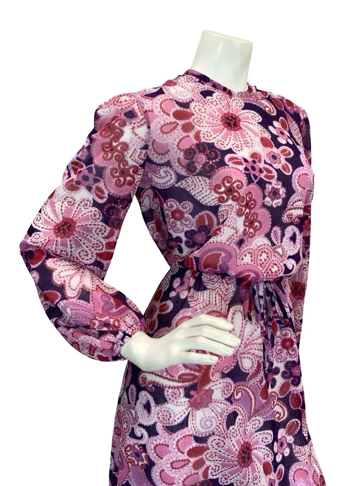 VTG 60S 70S SHEER PSYCHEDELIC FLORAL MAXI DRESS PINK PURPLE 10 12 14