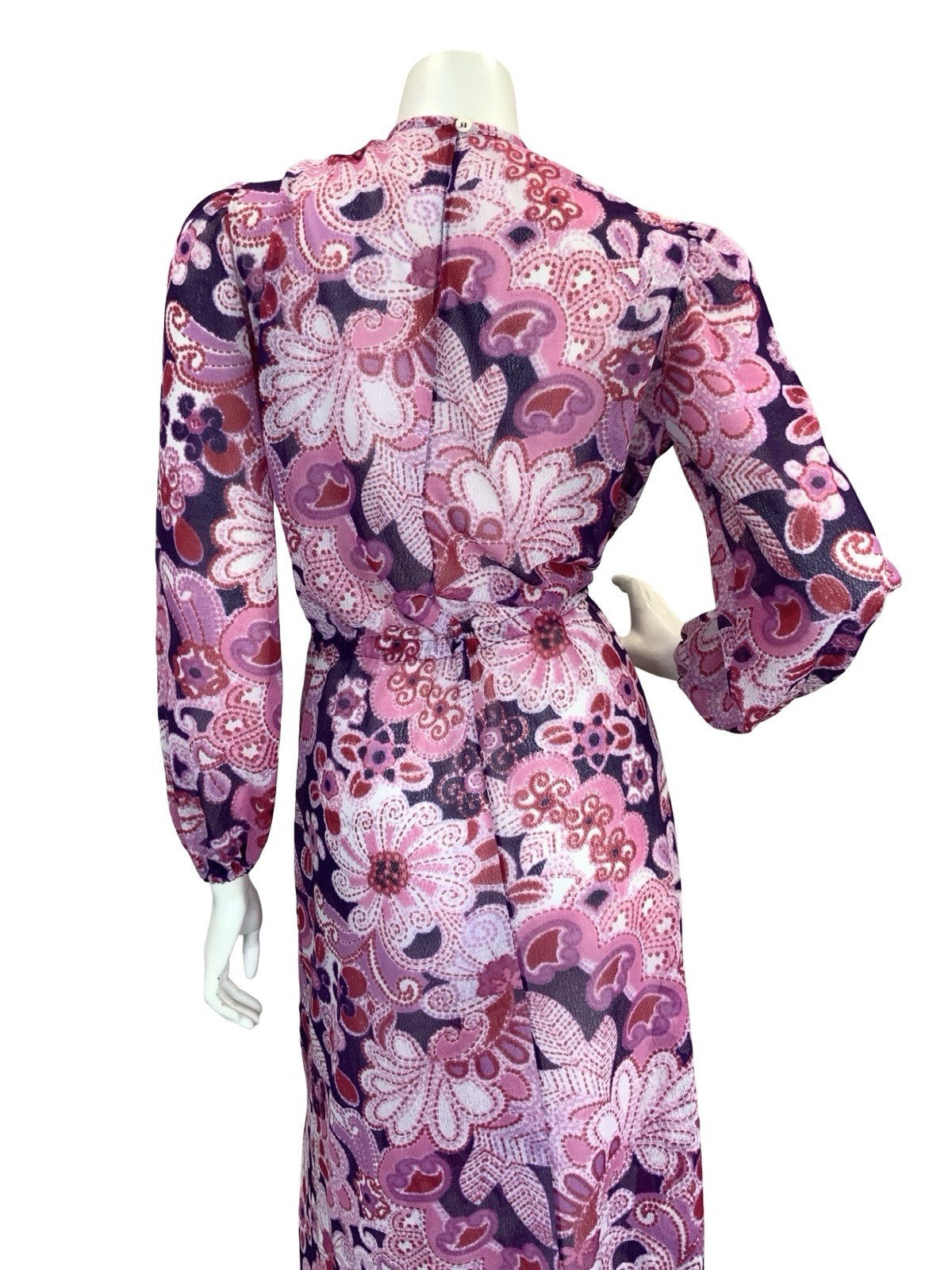 VTG 60S 70S SHEER PSYCHEDELIC FLORAL MAXI DRESS PINK PURPLE 10 12 14