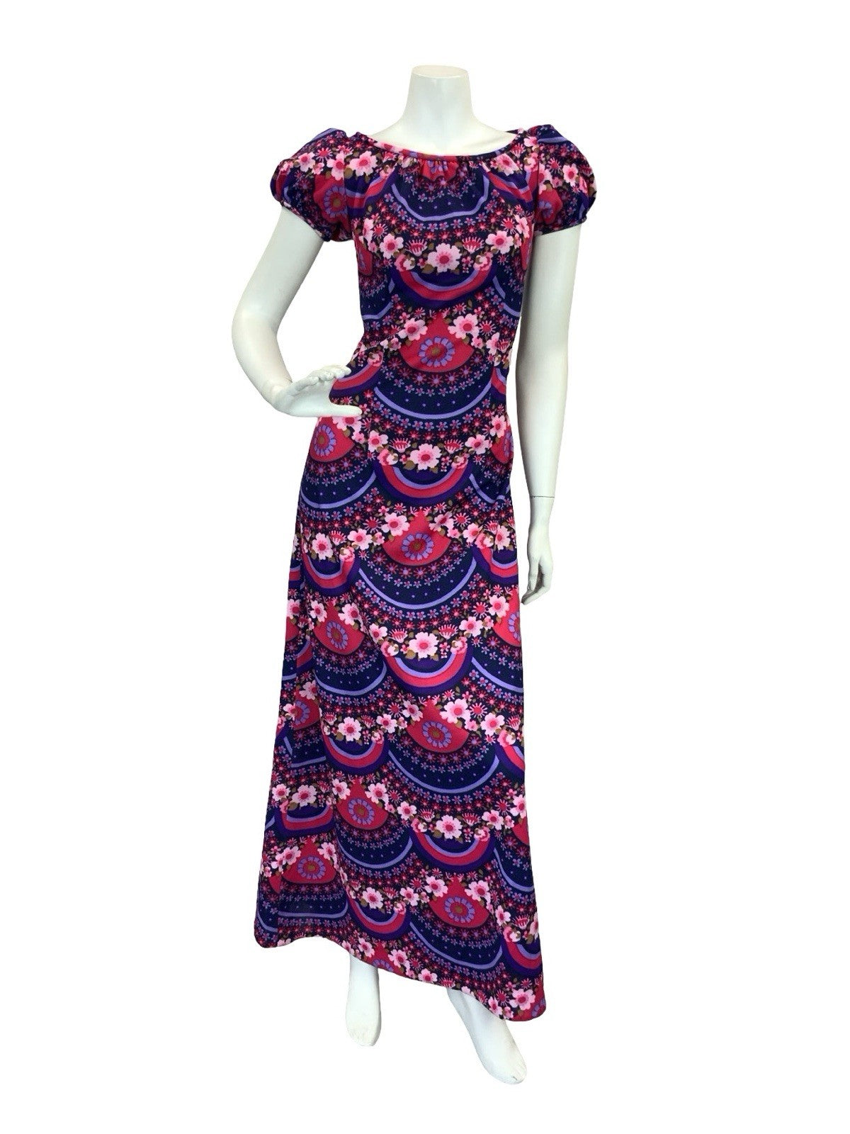 VTG 60S 70S PSYCHEDELIC FLORAL REGENCY MAXI DRESS PURPLE PINK 10