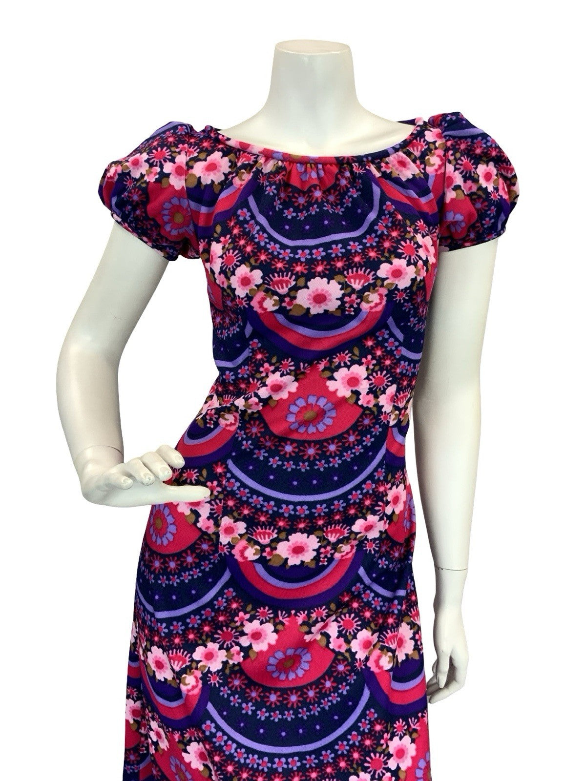 VTG 60S 70S PSYCHEDELIC FLORAL REGENCY MAXI DRESS PURPLE PINK 10
