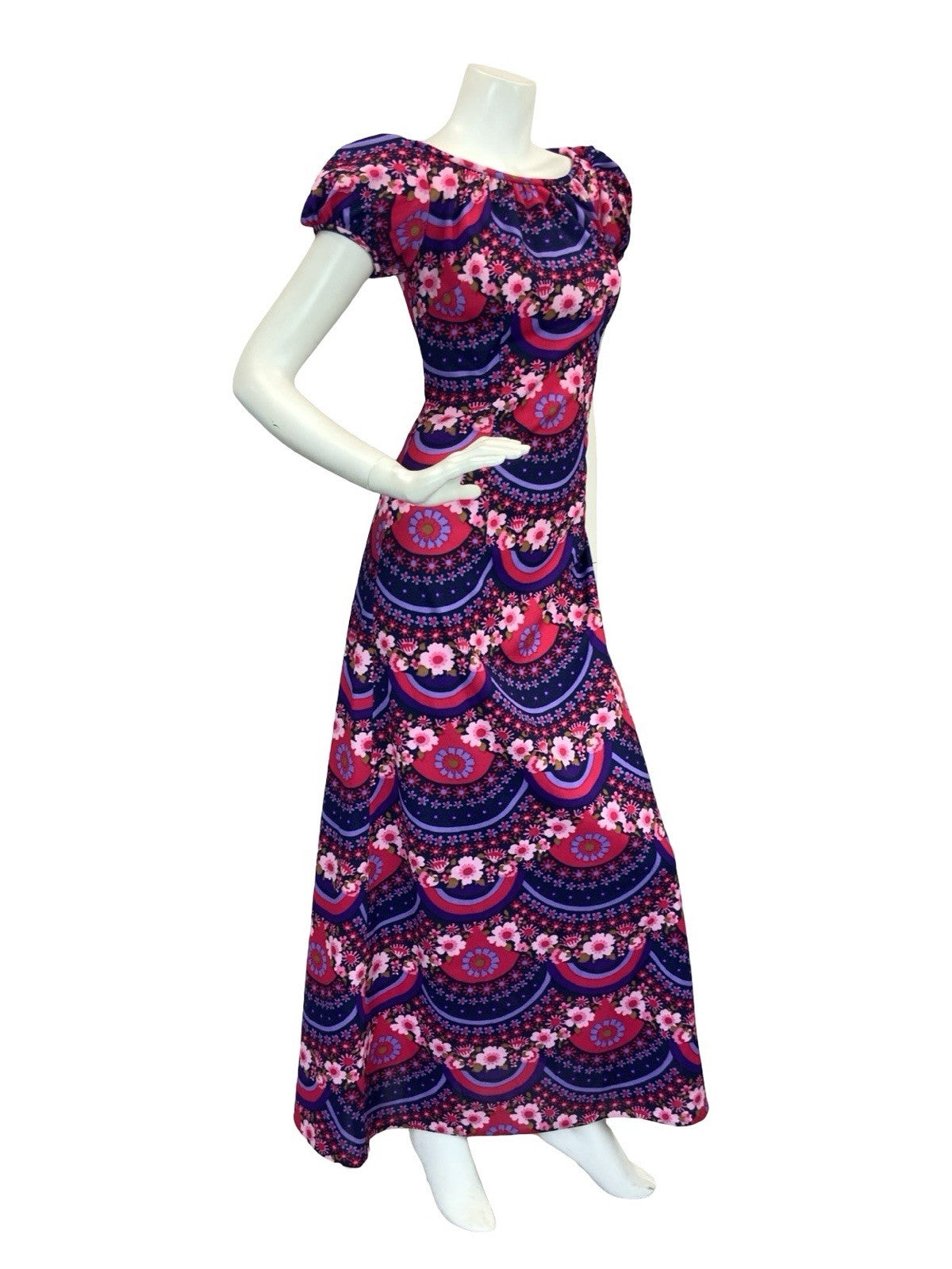 VTG 60S 70S PSYCHEDELIC FLORAL REGENCY MAXI DRESS PURPLE PINK 10