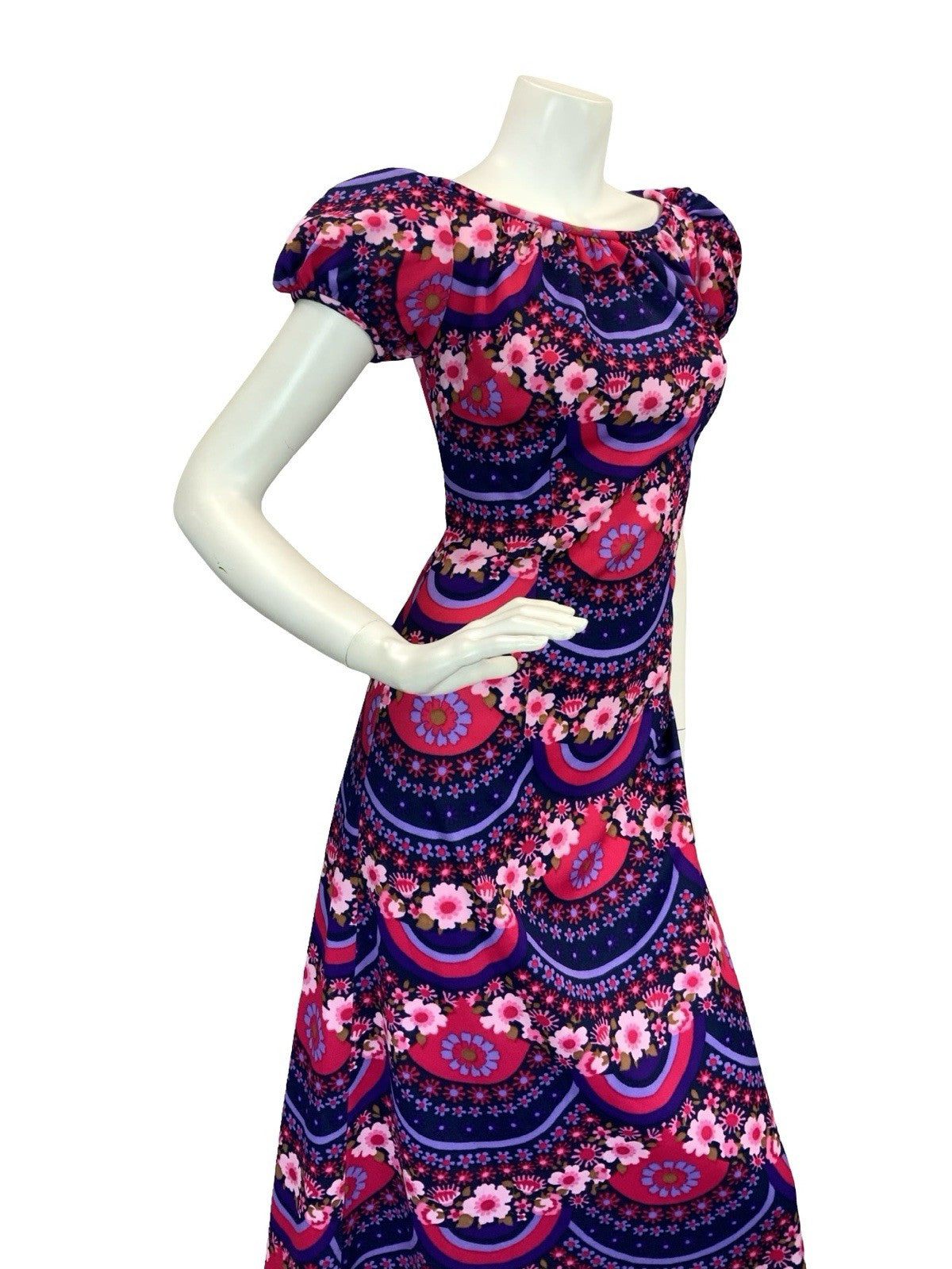 VTG 60S 70S PSYCHEDELIC FLORAL REGENCY MAXI DRESS PURPLE PINK 10