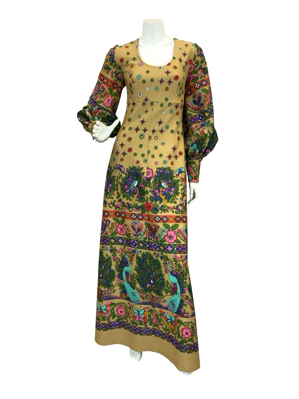 VTG 60S 70S PSYCHEDELIC PAISLEY PEACOCK BOHO MAXI DRESS TAN GREEN RED BLUE 8 10