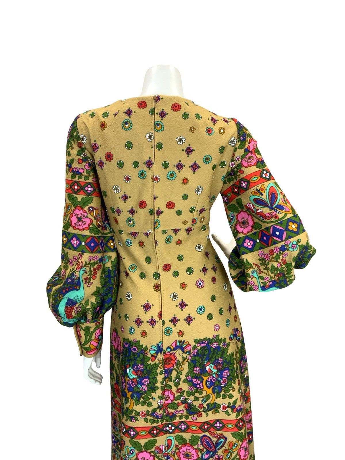 VTG 60S 70S PSYCHEDELIC PAISLEY PEACOCK BOHO MAXI DRESS TAN GREEN RED BLUE 8 10