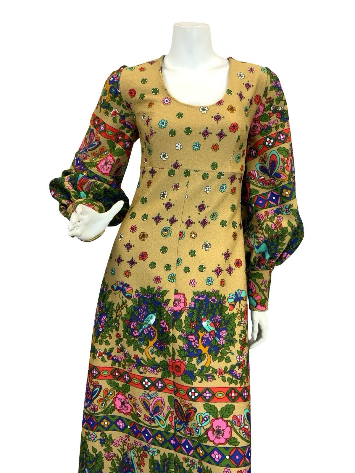VTG 60S 70S PSYCHEDELIC PAISLEY PEACOCK BOHO MAXI DRESS TAN GREEN RED BLUE 8 10