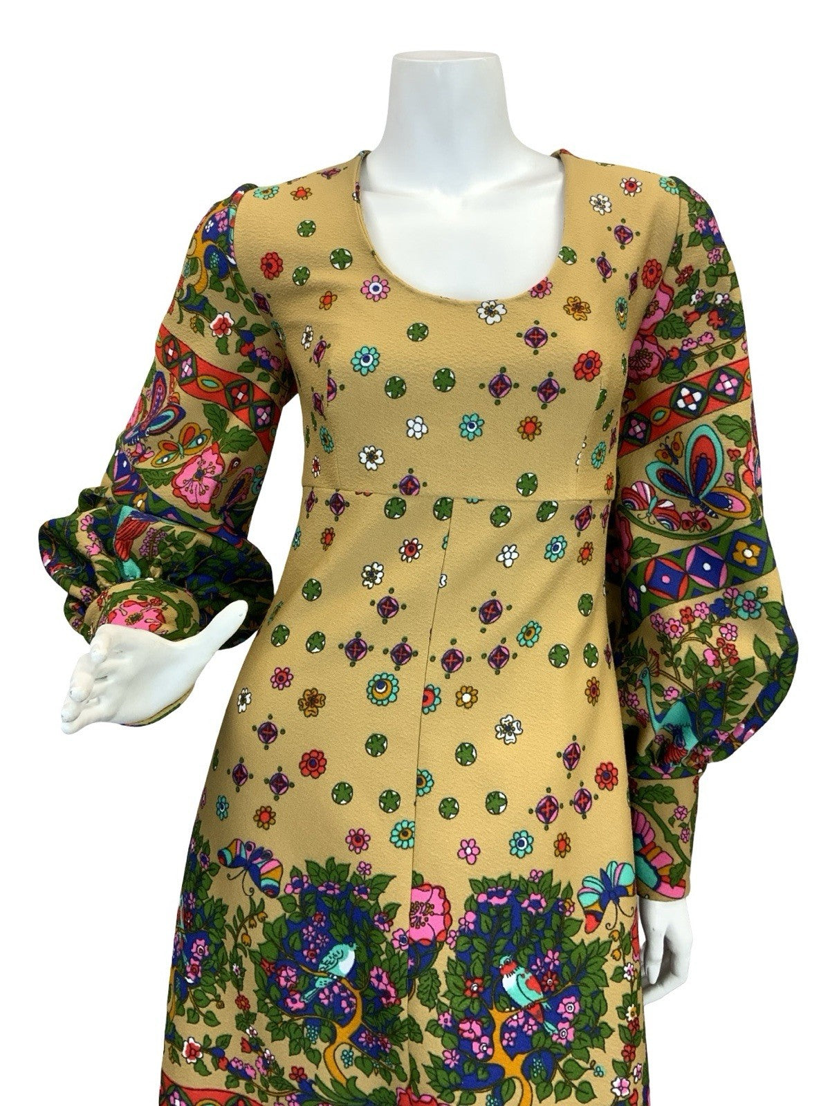 VTG 60S 70S PSYCHEDELIC PAISLEY PEACOCK BOHO MAXI DRESS TAN GREEN RED BLUE 8 10