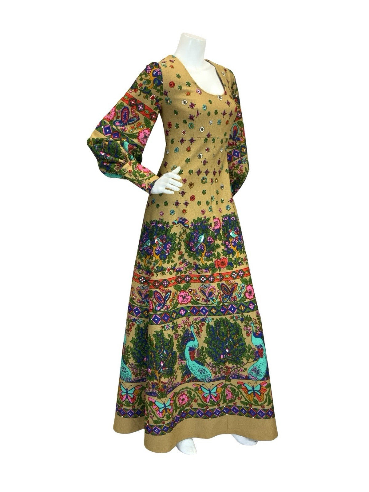 VTG 60S 70S PSYCHEDELIC PAISLEY PEACOCK BOHO MAXI DRESS TAN GREEN RED BLUE 8 10