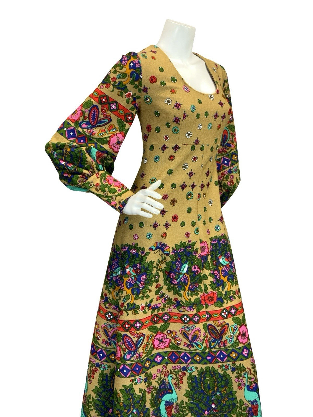 VTG 60S 70S PSYCHEDELIC PAISLEY PEACOCK BOHO MAXI DRESS TAN GREEN RED BLUE 8 10