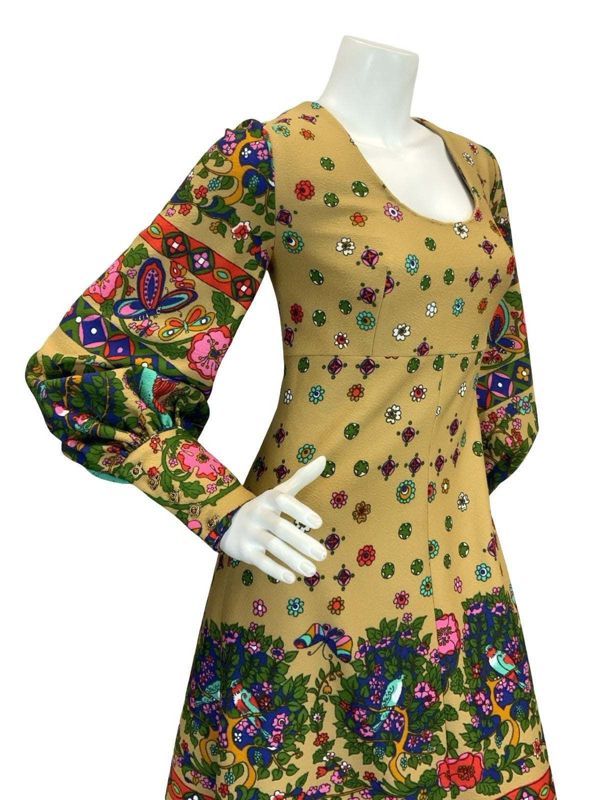 VTG 60S 70S PSYCHEDELIC PAISLEY PEACOCK BOHO MAXI DRESS TAN GREEN RED BLUE 8 10