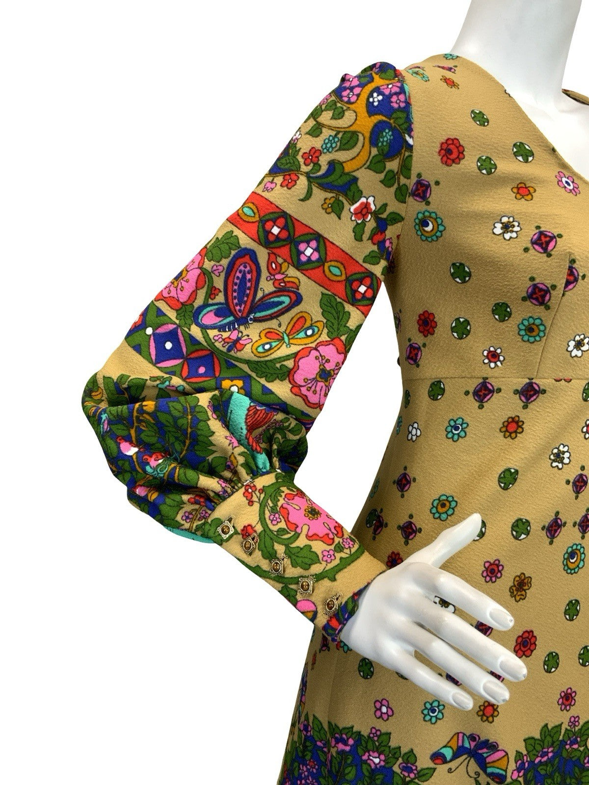 VTG 60S 70S PSYCHEDELIC PAISLEY PEACOCK BOHO MAXI DRESS TAN GREEN RED BLUE 8 10